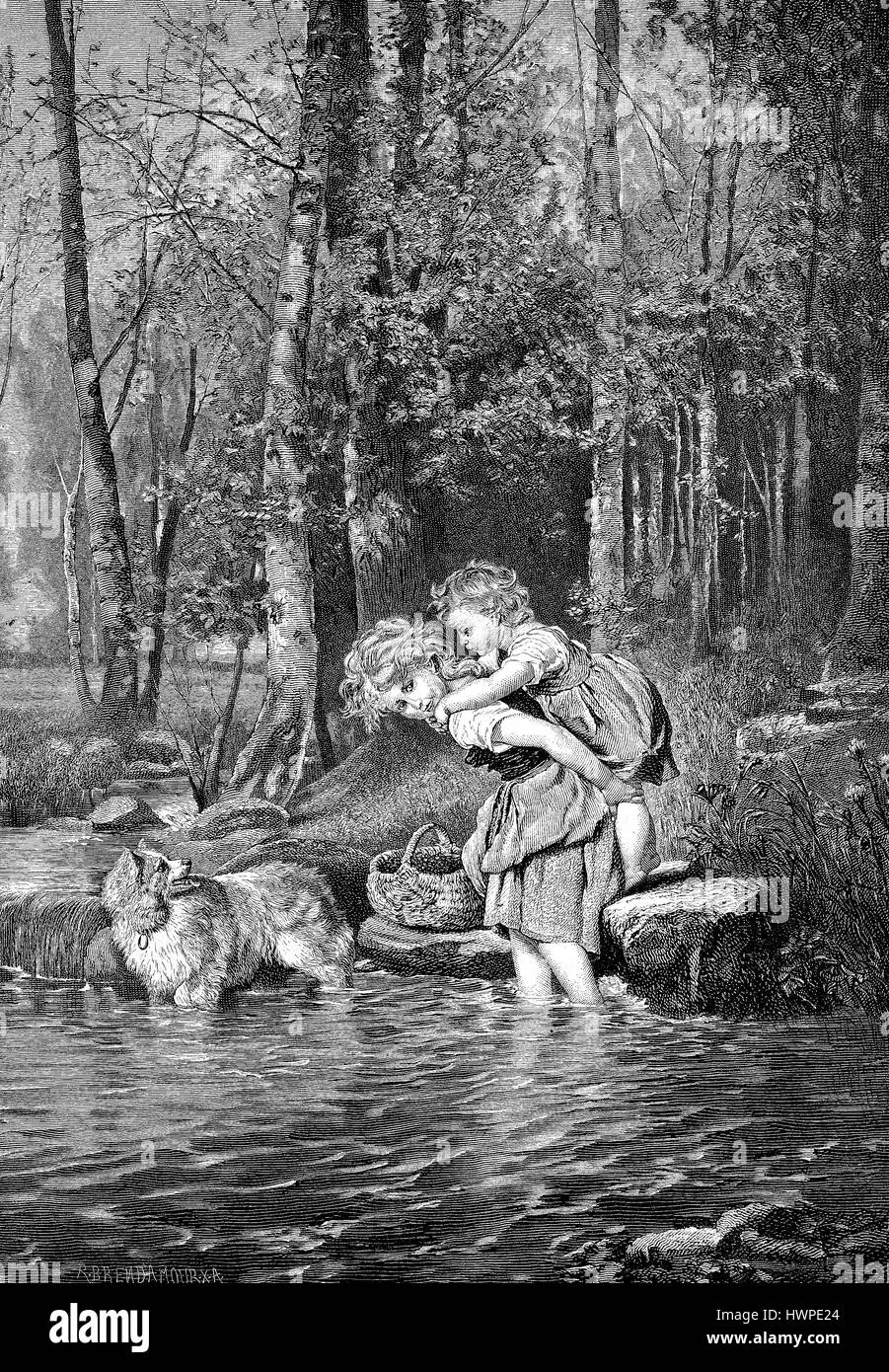 Girls carry little sister piggy-back through a Creek, Reproduction of an original woodcut from the year 1882, digital improved Stock Photo