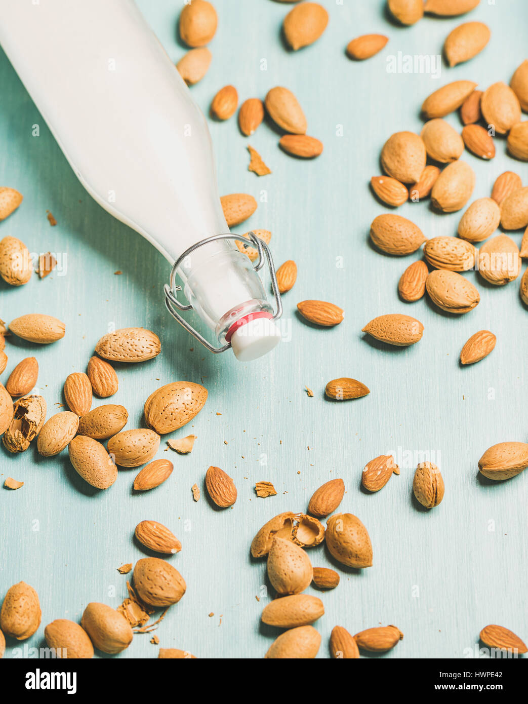 Dairy alternative almond milk in bottle, allergy-friendly food concept Stock Photo