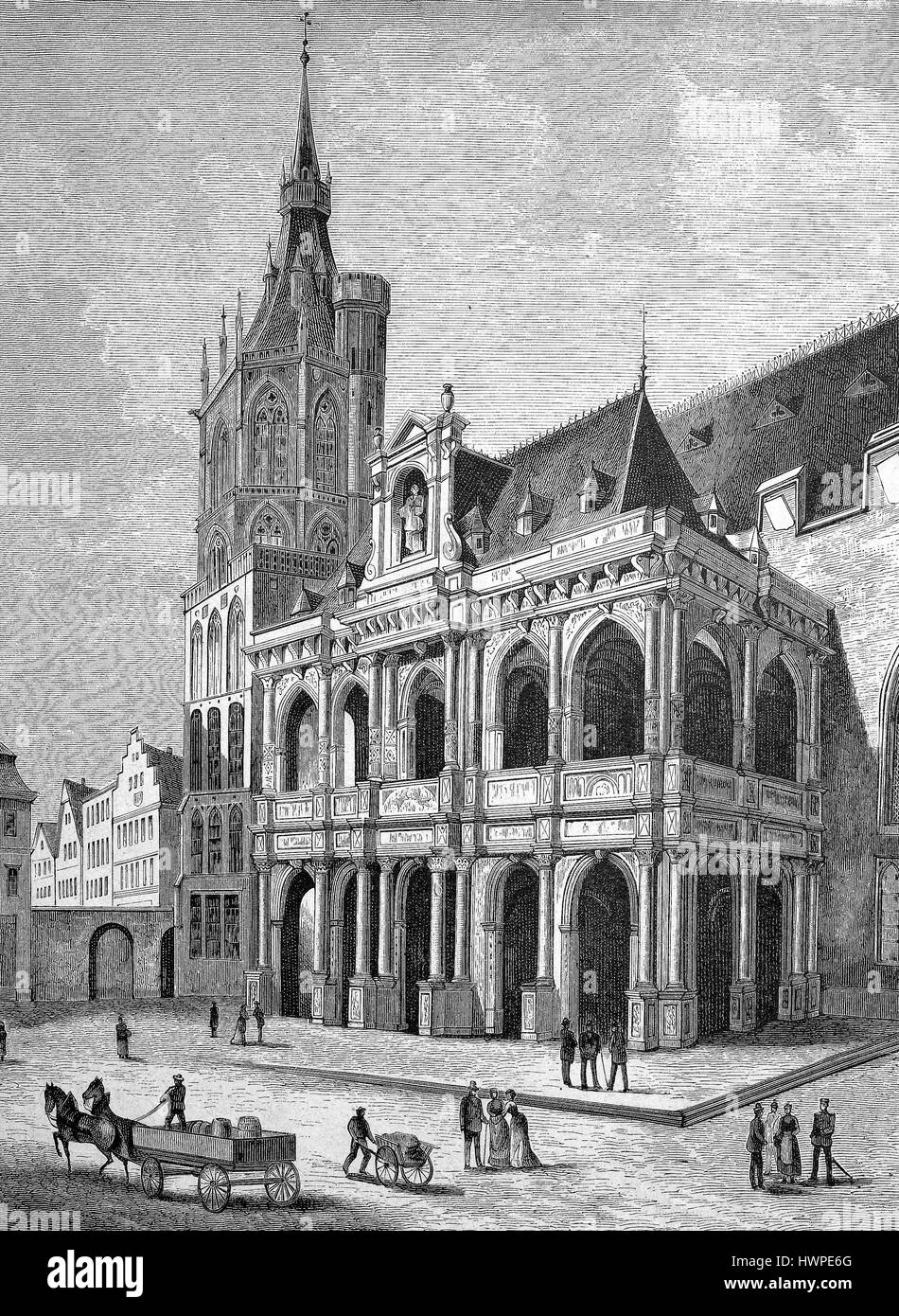 The Town Hall of Cologne, Germany, Reproduction of an original woodcut from the year 1882, digital improved Stock Photo