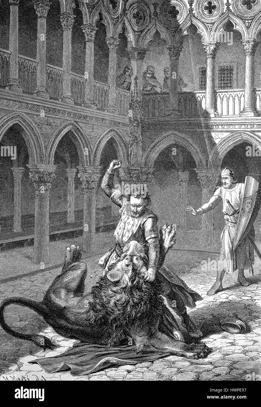Margrave Wiprecht of Groitzsch, called the elder, 1050-1124 fights in Rome against a lion, Reproduction of an original woodcut from the year 1882, digital improved Stock Photo