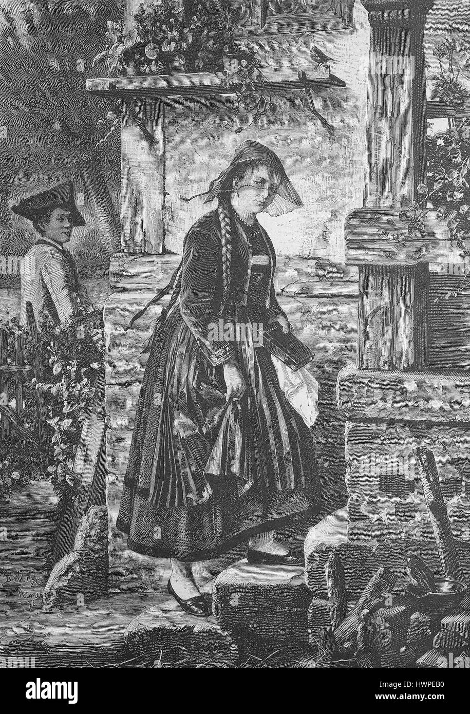 Return from Church, woman in costume, with a hymn book in hand, on the way home from the church service, Germany, Reproduction of an original woodcut from the year 1882, digital improved Stock Photo