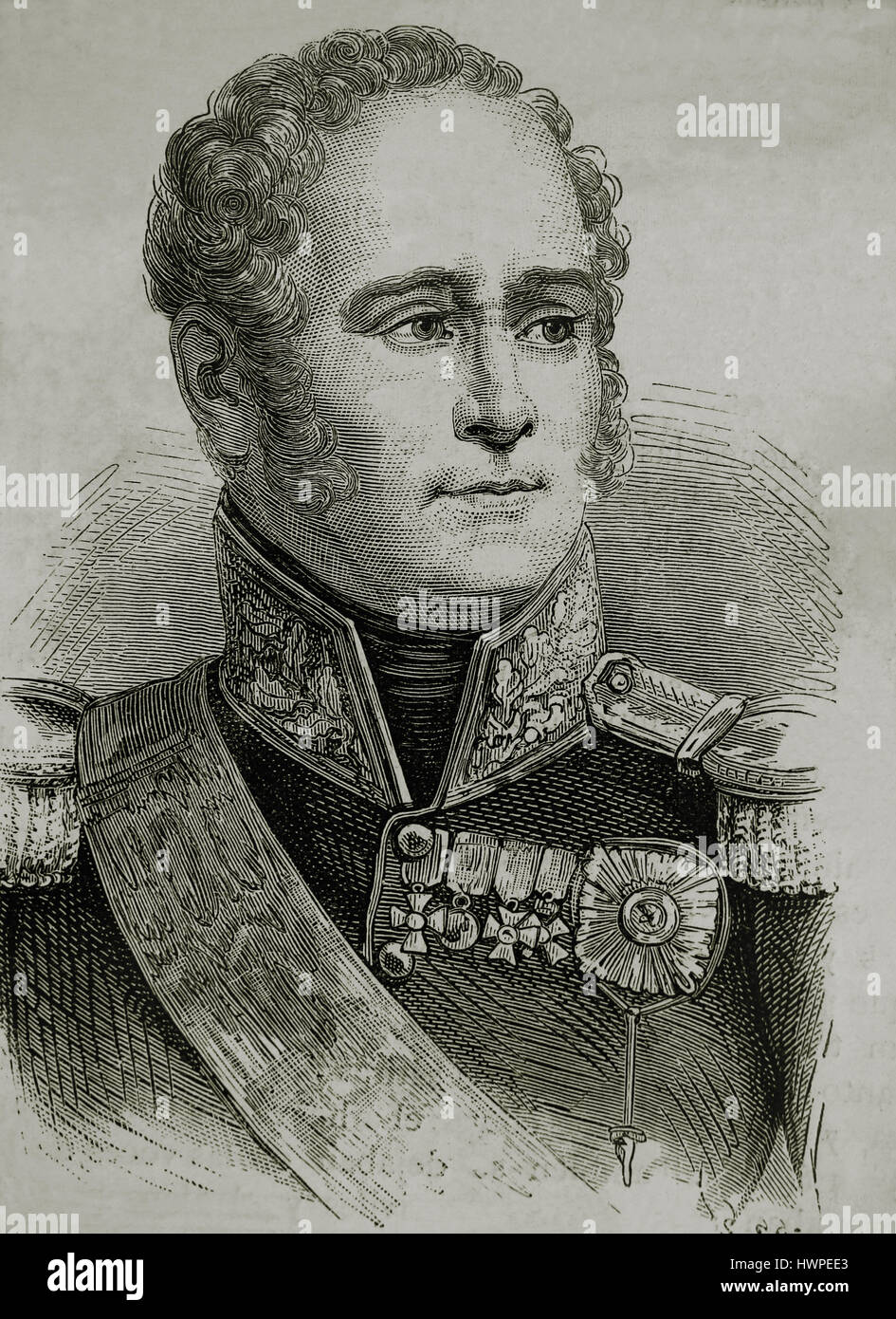 Alexander I of Rusia (1777-1825). Emperor of Russia, King of Poland, Grand Duke of Finland. Portrait. Engraving, 1883. Stock Photo