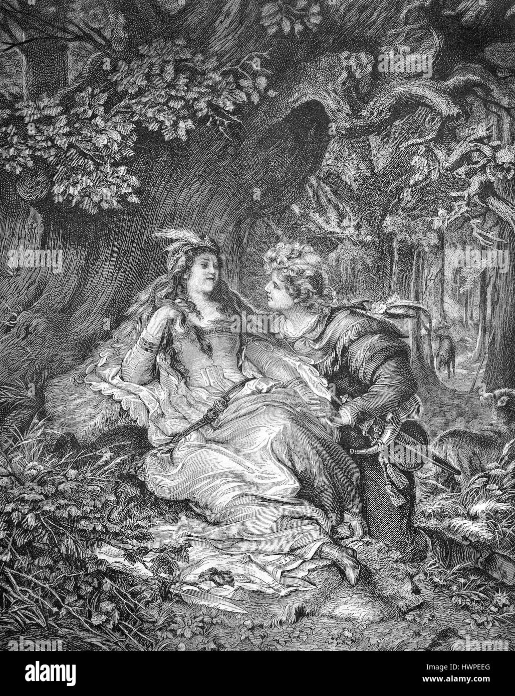 Rohtraut, King Ringangs daughter, icon image for a German ballad, romantic lovers in the forest, the middle ages, Ringang, Reproduction of an original woodcut from the year 1882, digital improved Stock Photo