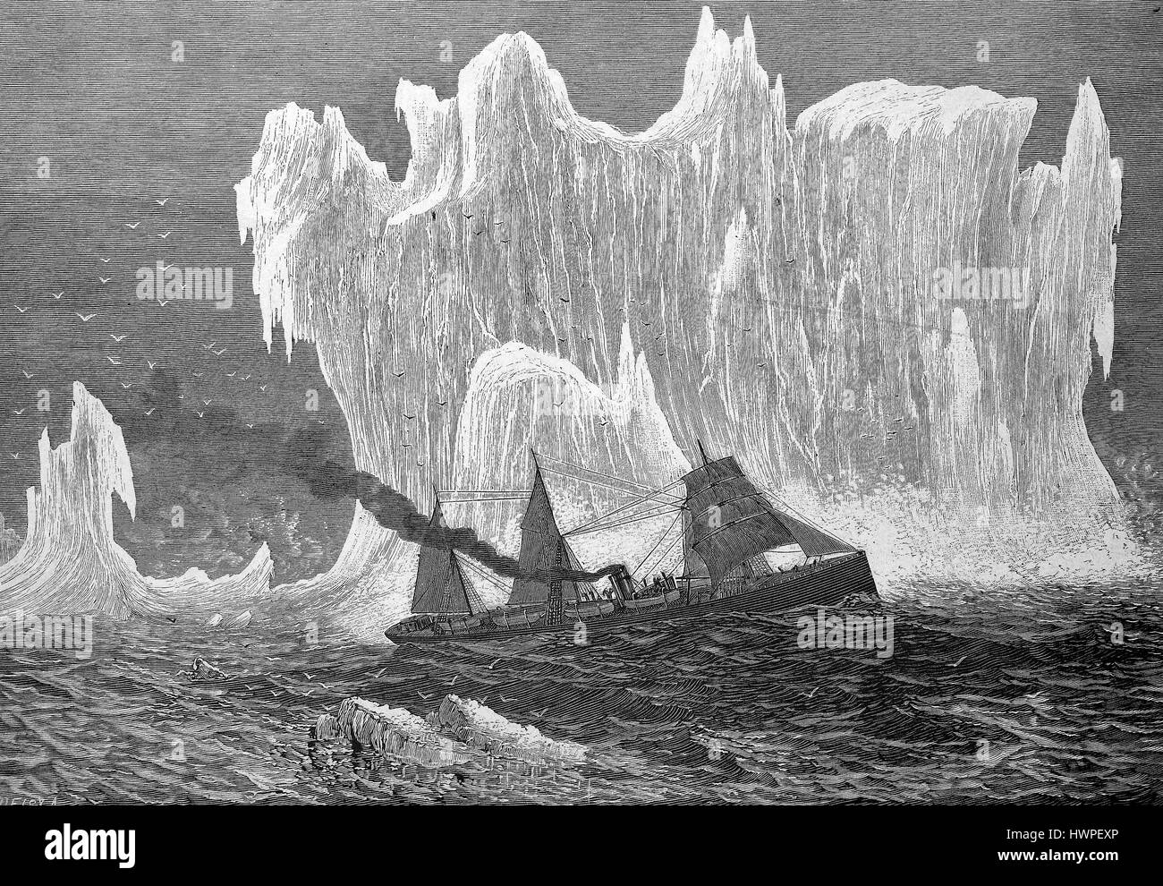 Steam boat on the way to New York meets a giant iceberg, Reproduction of an original woodcut from the year 1882, digital improved Stock Photo