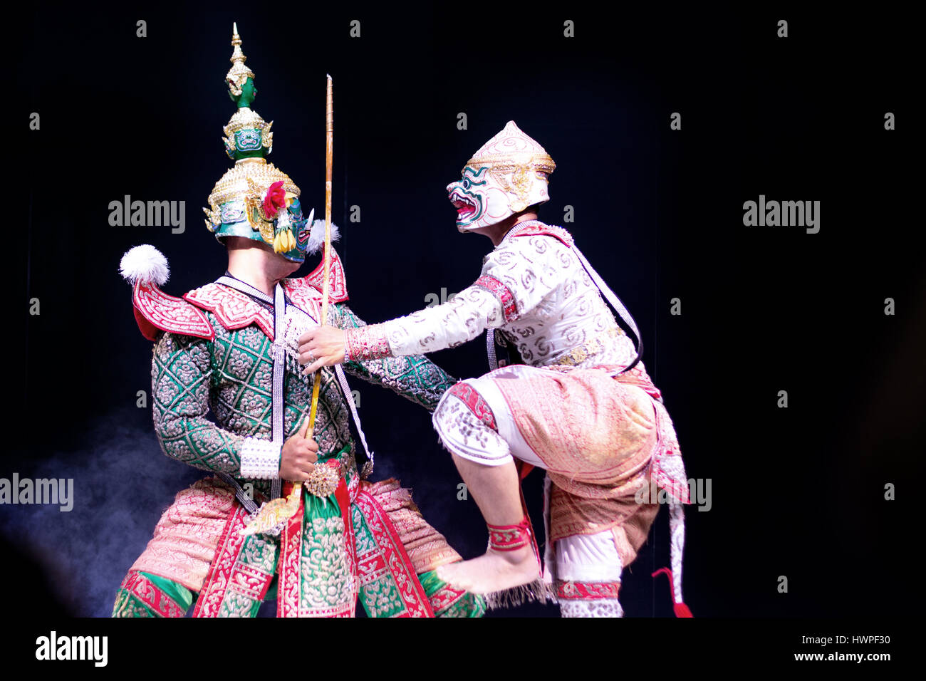 asian and Thailand traditional performance drama call ramayana in giant and monkey suite on black isolate background Stock Photo