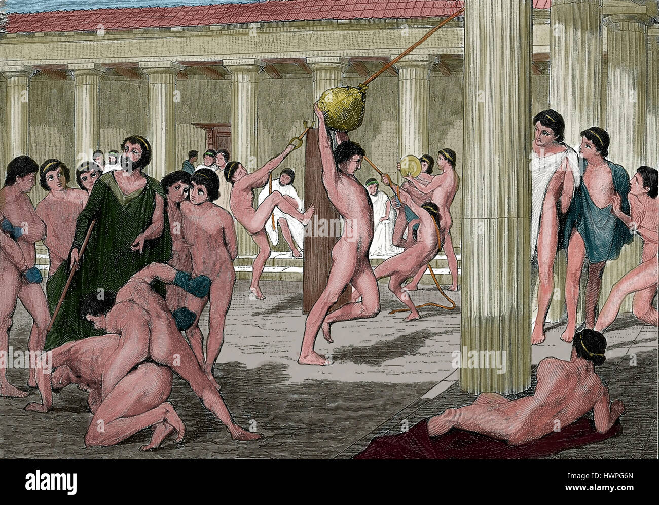 Classical antiquity. Agoge. education and training program by male Spartan citizens. Gymnasium. Engraving, colored. Stock Photo