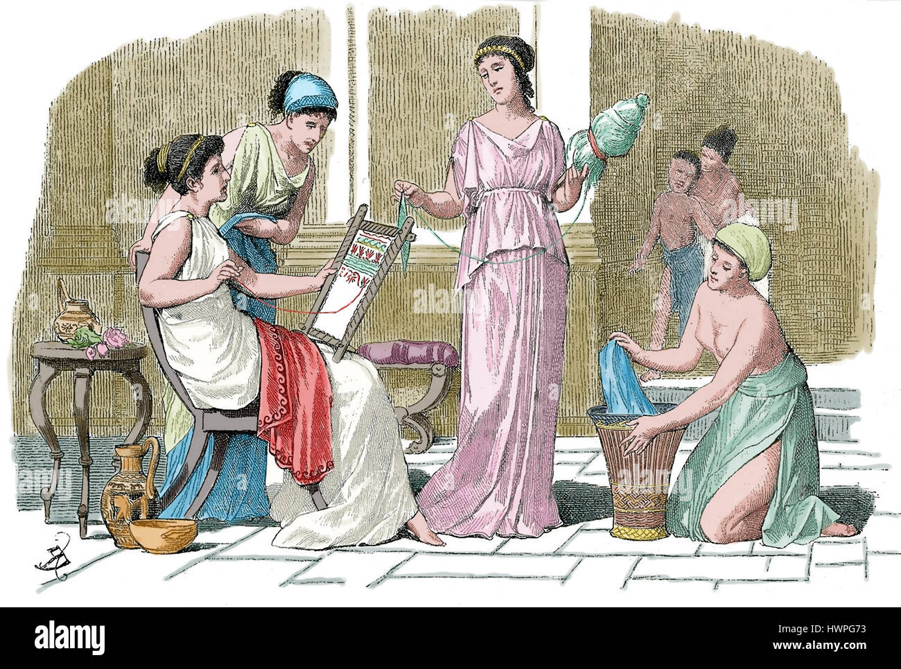 Ancient Greece. Engraving of Athenian women at home. Engraving, 1879. Color. Stock Photo