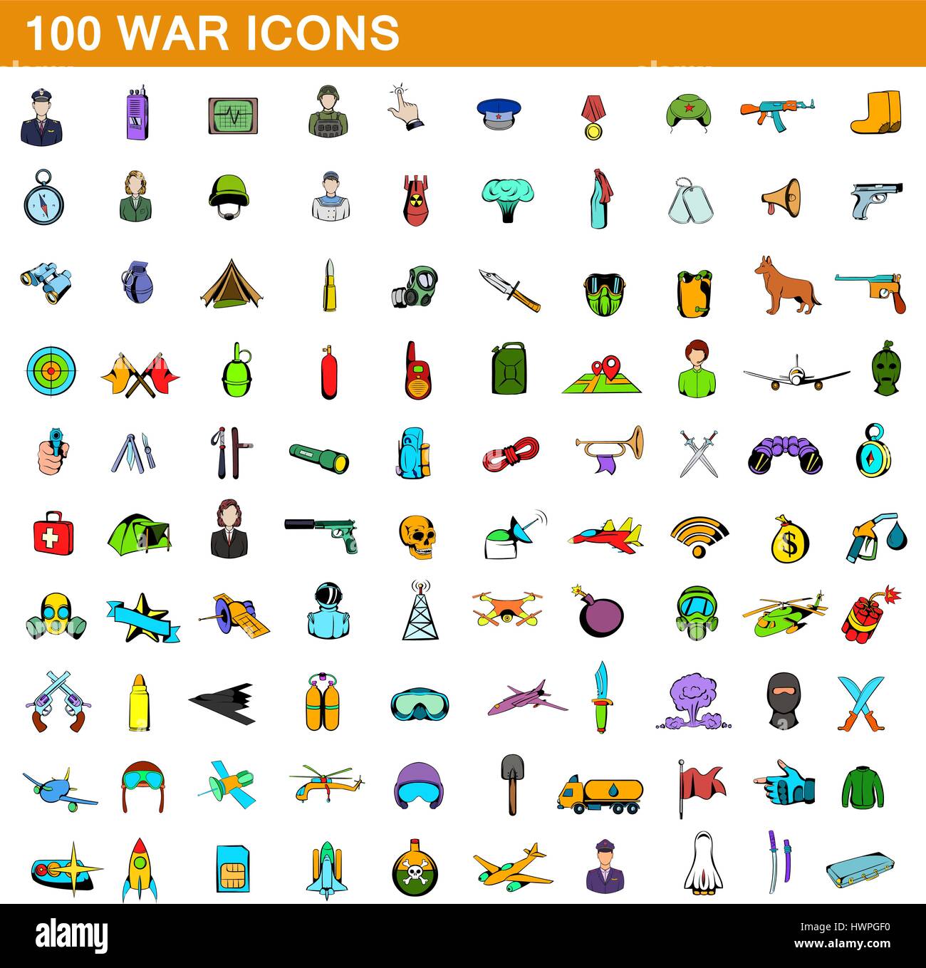 100 war icons set, cartoon style Stock Vector