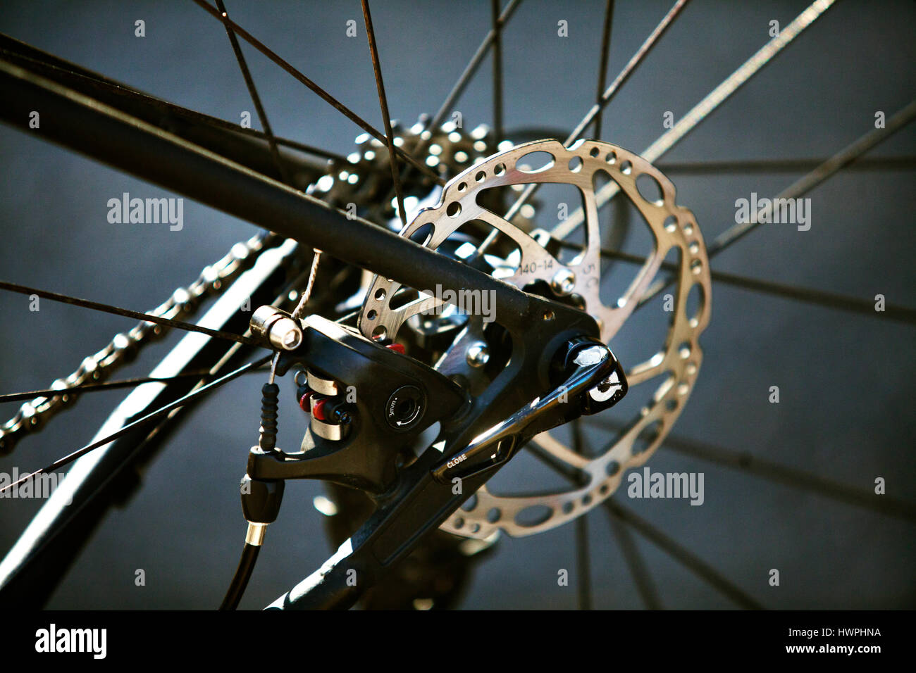 High angle close-up of bicycle wheel Stock Photo