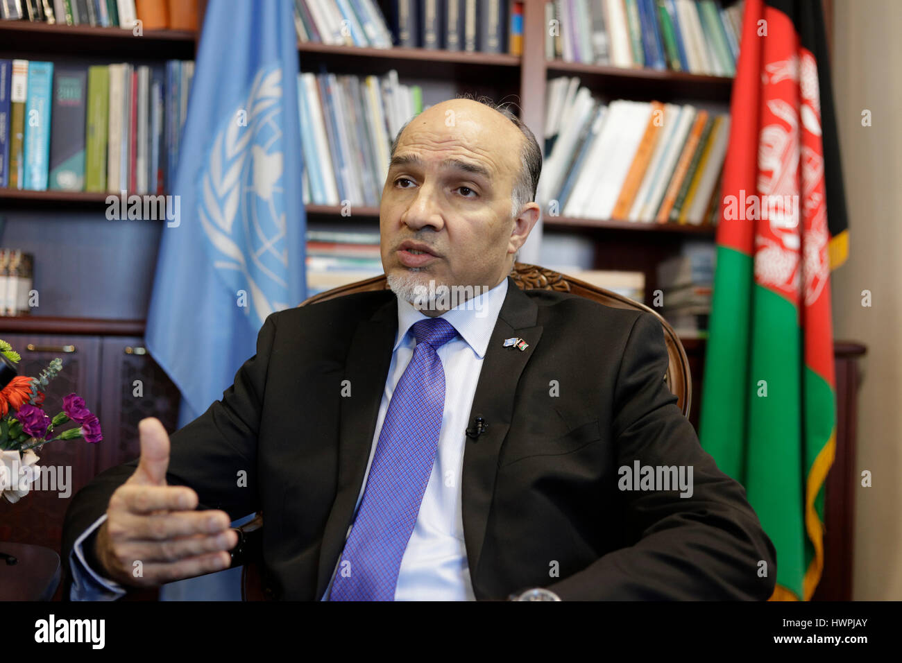 (170322) -- NEW YORK, March 22, 2017 (Xinhua) -- Mahmoud Saikal, permanent representative of Afghanistan to the United Nations (UN), speaks during an interview in New York, the United States, March 21, 2017. The notion of 'creating a community of shared future for mankind' is 'very relevant' to Afghanistan and the region, said Mahmoud Saikal. (Xinhua/Li Muzi) (zjy) Stock Photo