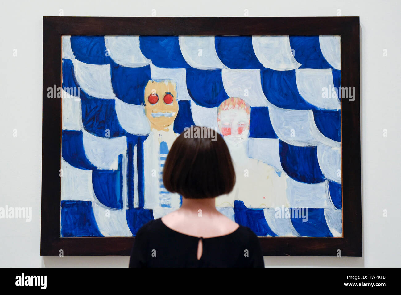 London, UK.  22 March 2017.  A staff member views 'Mr and Mrs Robyn Denny', 1960, by Howard Hodgkin. Press preview of 'Howard Hodgkin: Absent Friends', the first ever exhibition devoted to the portraits of the British painter Howard Hodgkin, who died on 9 March aged 84.  Taking place at the National Portrait Gallery, the exhibition runs 23 March to 18 June 2017. Credit: Stephen Chung / Alamy Live News Stock Photo