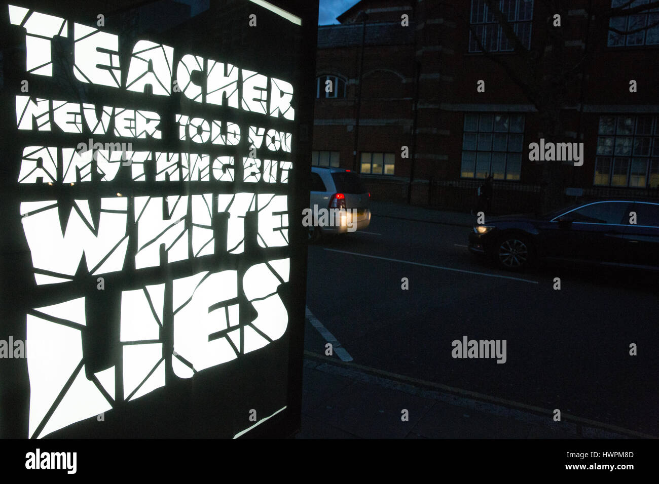 London, UK. 21st March, 2017. A protest stencil on a street in Finsbury reads 'Teacher Never Told You Anything But White Lies'. A global event named #SubvertTheCity is taking place between 22nd-25th March 2017. Credit: Mark Kerrison/Alamy Live News Stock Photo