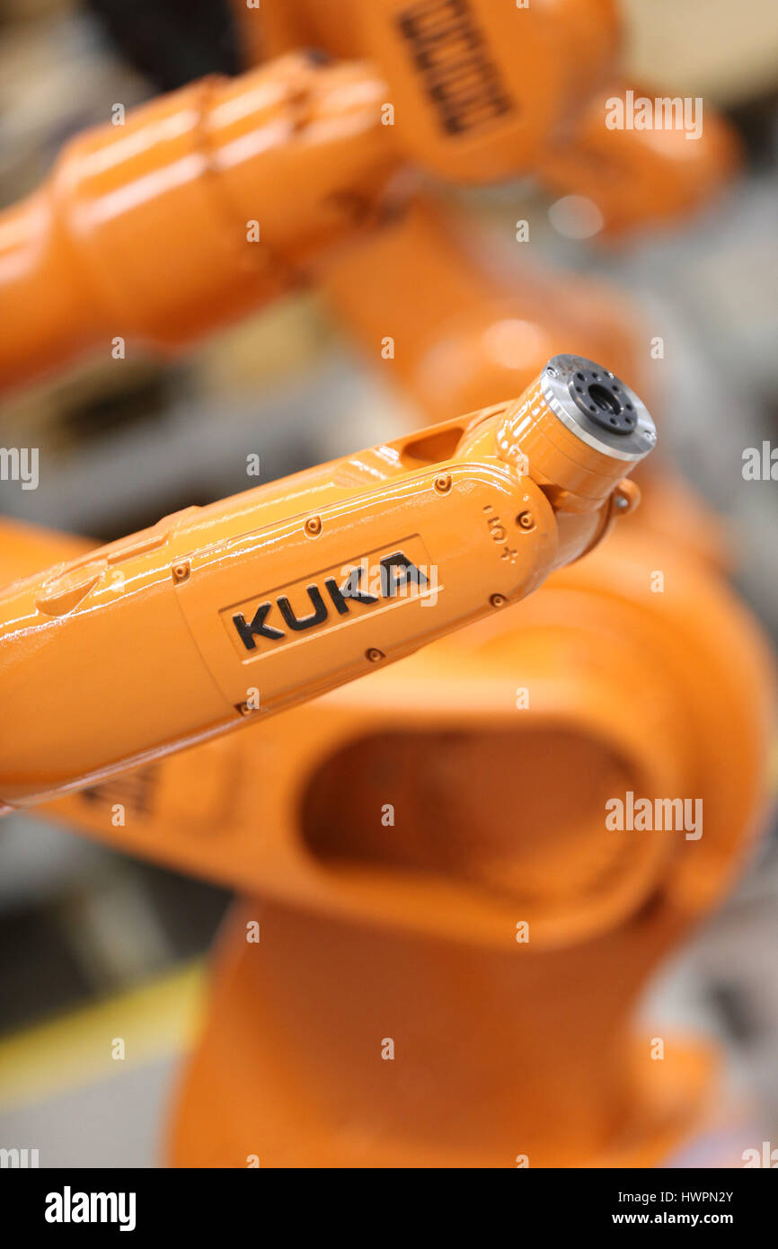 Augsburg, Germany. 22nd Mar, 2017. Kuka robots seen in a production facility located at the Kuka