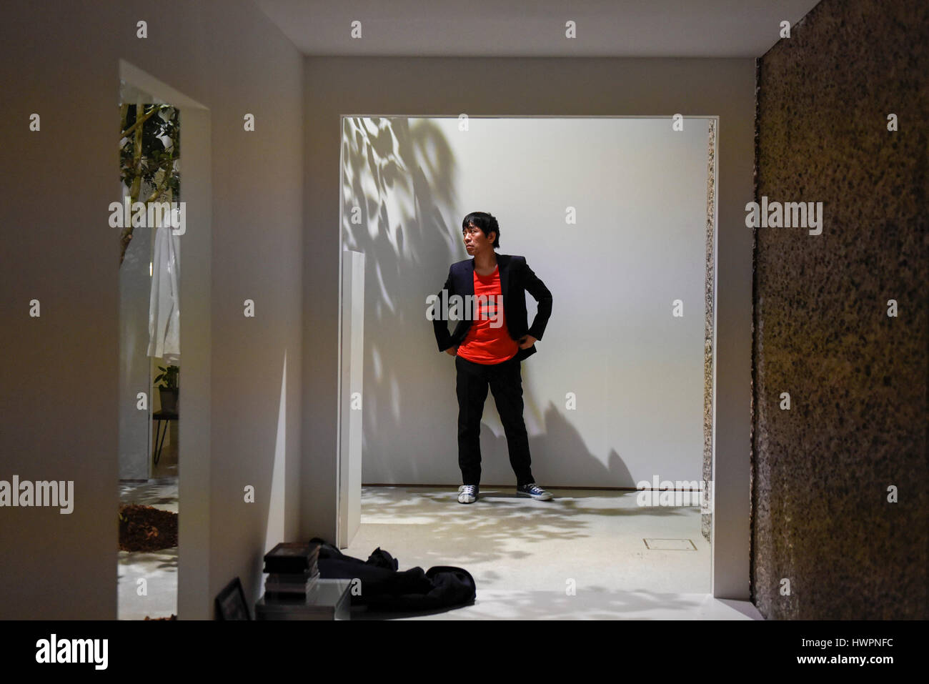 London, UK.  22 March 2017.  Pritzker-prize winning architect Ryue Nishizawa is seen inside a full size recreation of his Moriyama House, 2005.  Preview at the Barbican Centre of 'The Japanese House: Architecture and Life after 1945', the first major UK exhibition to focus on Japanese domestic architecture from the end of the Second World War to now.  The exhibition features designs from over 40 architects. Credit: Stephen Chung / Alamy Live News Stock Photo