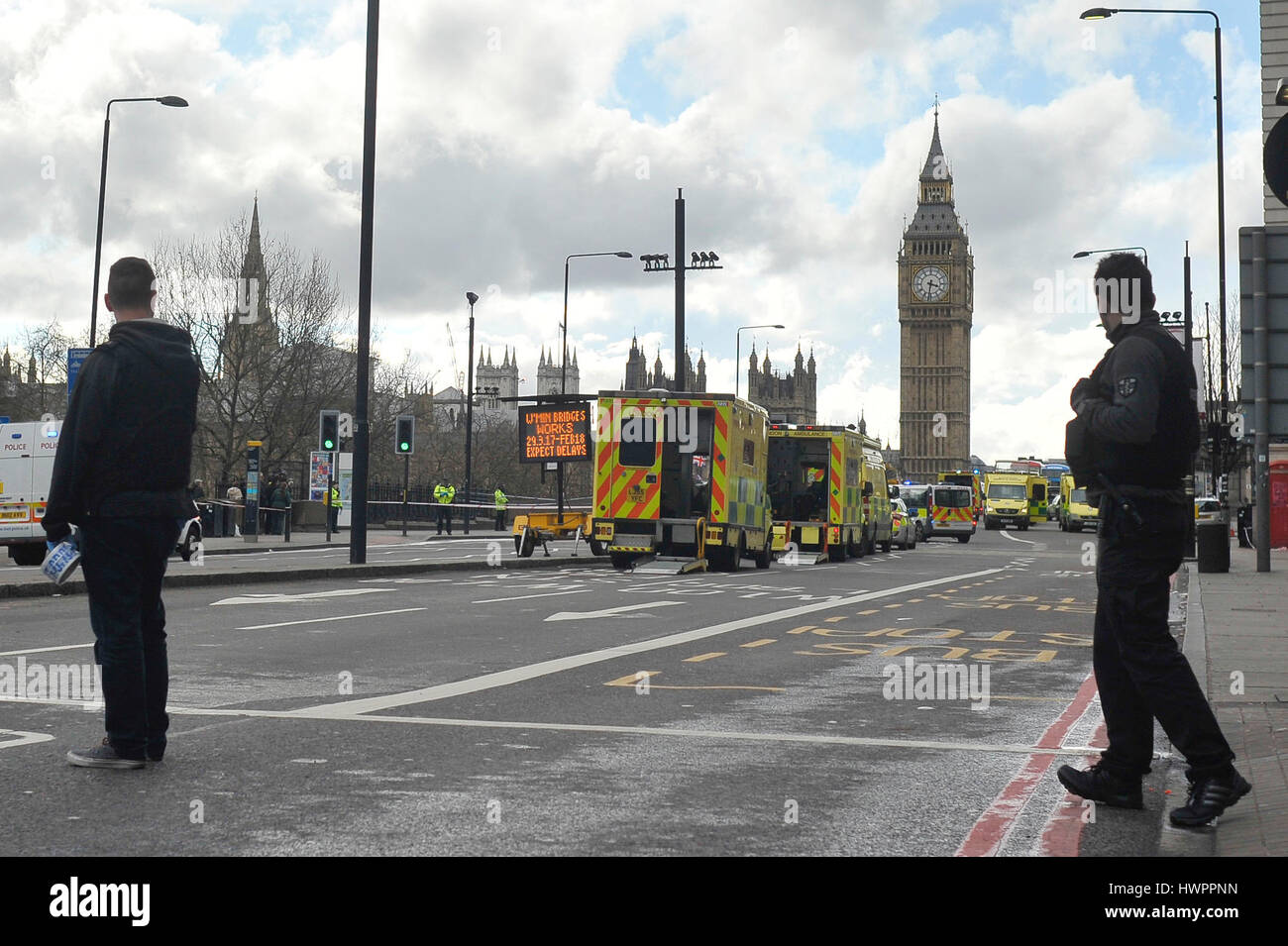 London, Britain. 22nd Mar, 2017. Police stand guard near the Houses of ...