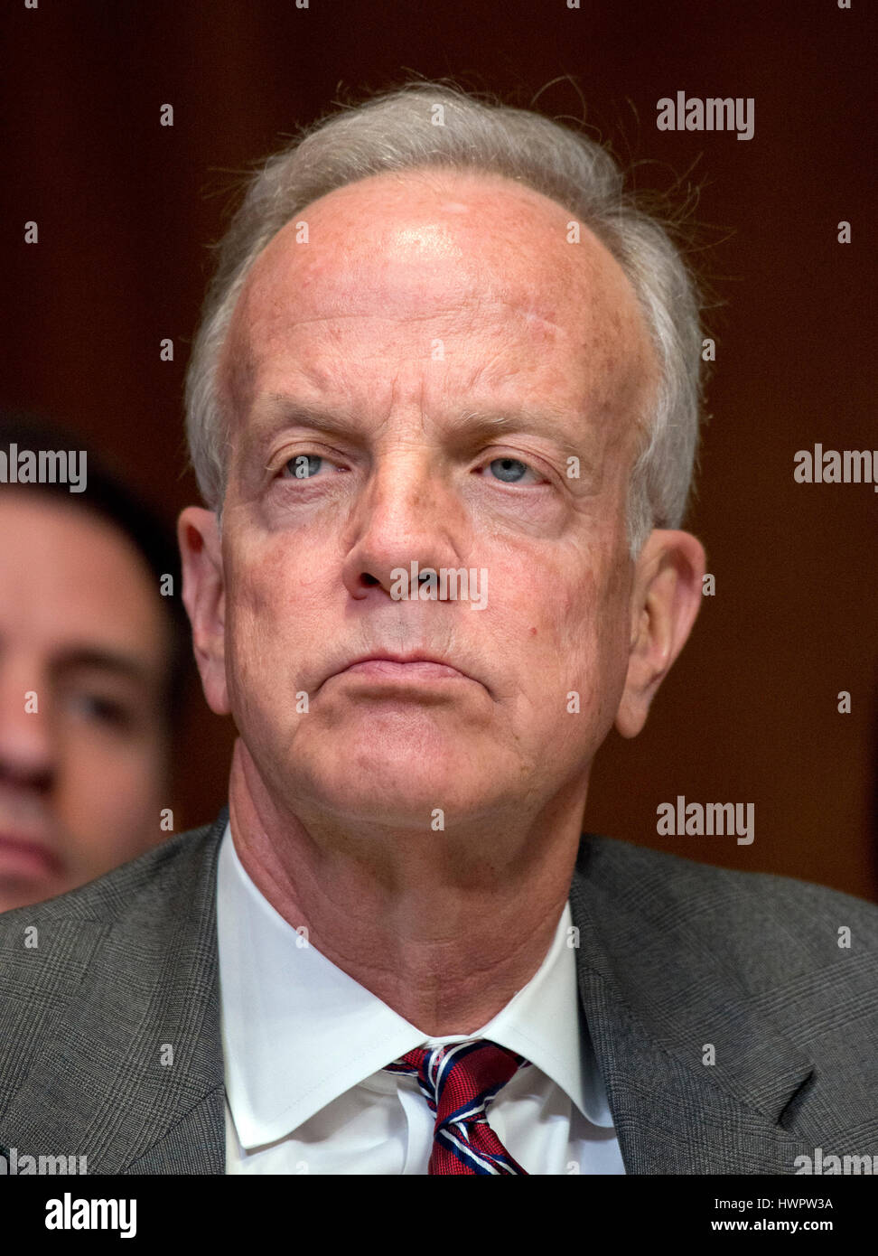 United States Senator Jerry Moran (Republican of Kansas) listens as US