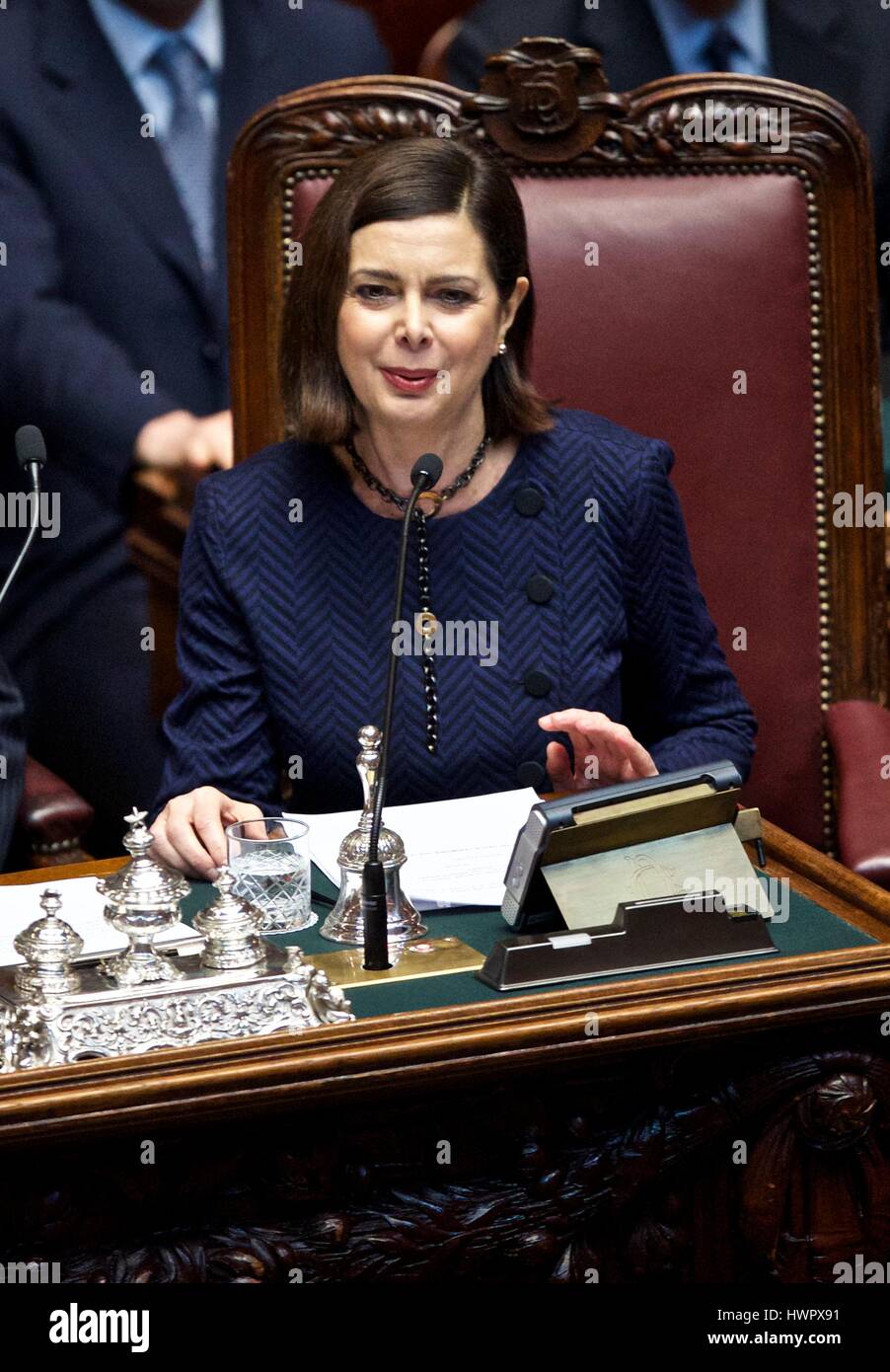 Rome. 22nd Mar, 2017. President of the Italian Chamber of Deputies Laura Boldrini speaks at the ceremony in the Italian Chamber of Deputies in Rome, Italy on March 22, 2017. Italian lawmakers gathered in the Chamber of Deputies on Wednesday to celebrate the forthcoming 60th anniversary of the Treaty of Rome, which triggered the whole integration process in 1957. Credit: Jin Yu/Xinhua/Alamy Live News Stock Photo