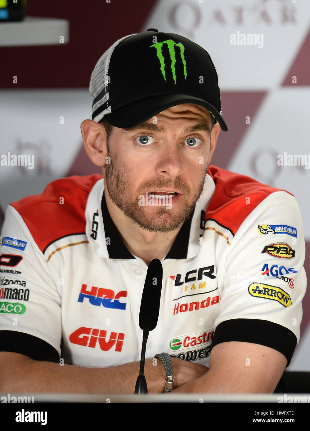 Doha. 22nd Mar, 2017. British rider Cal Crutchlow of LCR Honda speaks during a press conference at the Losail International Circuit in Qatar's capital Doha on March 22, 2017, ahead of Grand Prix of Qatar which will be held on March 26. Credit: Nikku/Xinhua/Alamy Live News Stock Photo