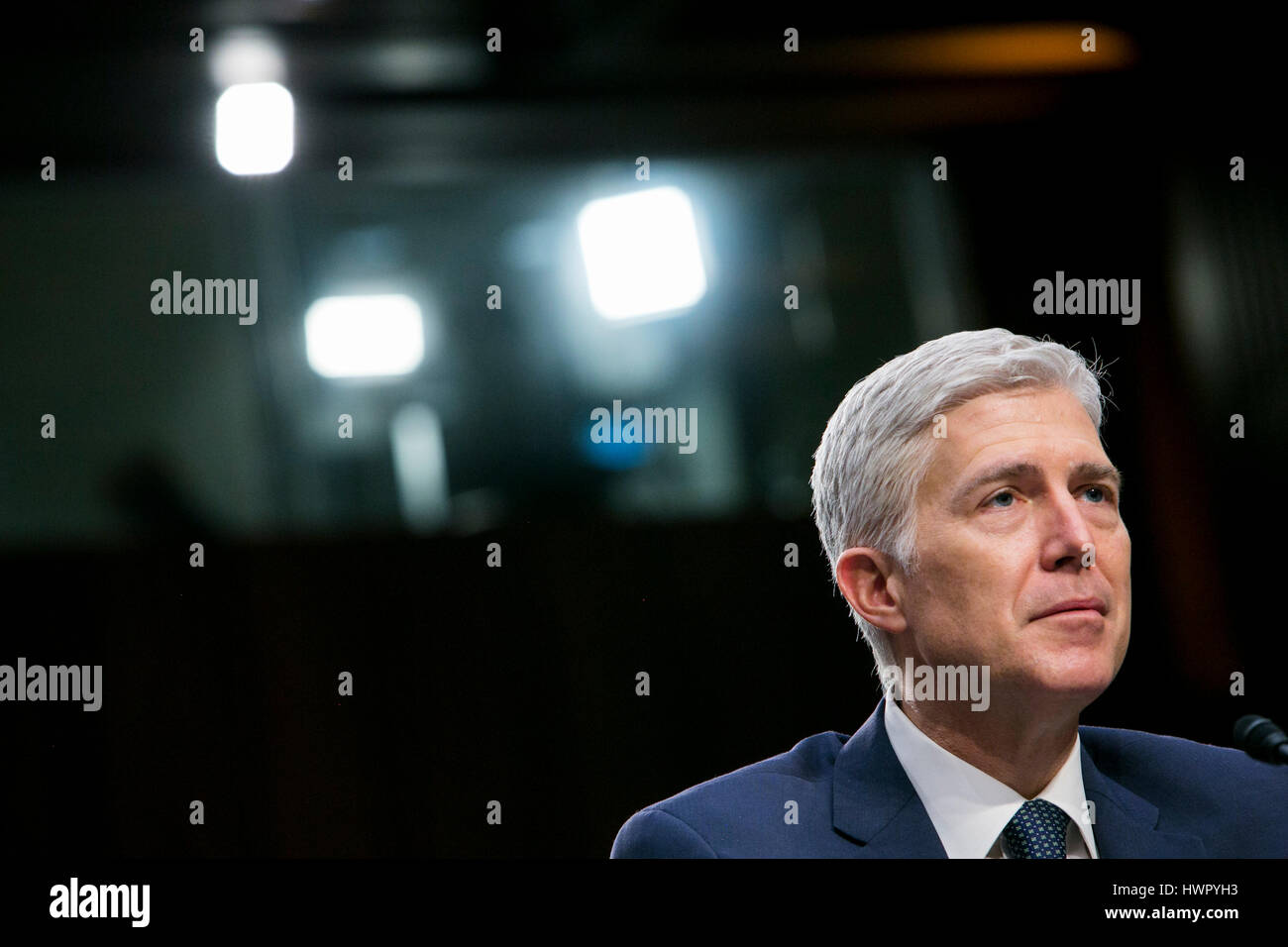 Washington, USA. 22nd Mar, 2017. Judge Neil Gorsuch testifies during his Supreme Court confirmation hearing before the Senate Judiciary Committee in Washington, D.C., on March 22, 2017. Gorsuch was nominated by President Donald Trump to fill the vacancy left on the court by the death of Justice Antonin Scalia. Credit: Kristoffer Tripplaar/Alamy Live News Stock Photo