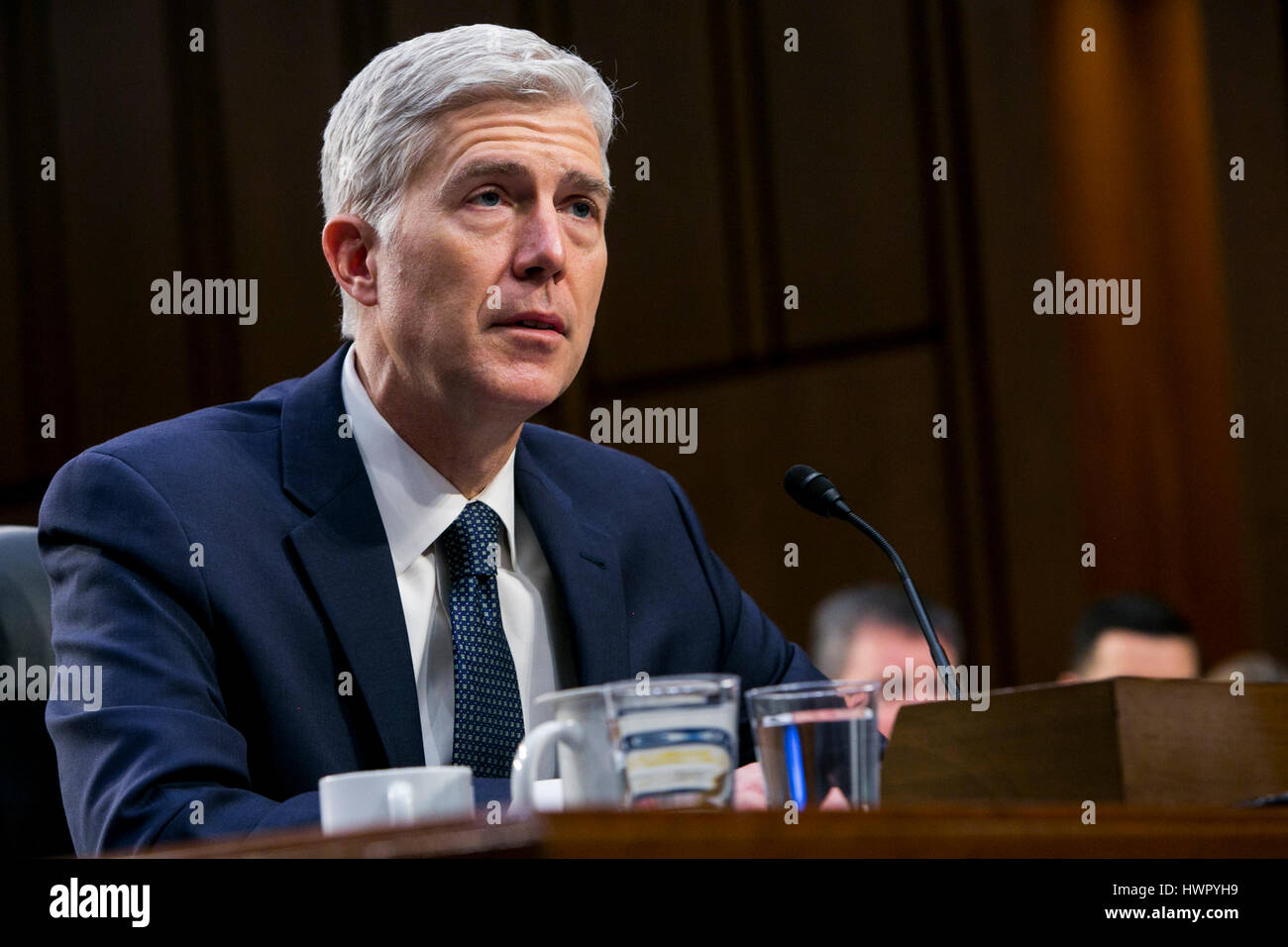 Washington, USA. 22nd Mar, 2017. Judge Neil Gorsuch testifies during his Supreme Court confirmation hearing before the Senate Judiciary Committee in Washington, D.C., on March 22, 2017. Gorsuch was nominated by President Donald Trump to fill the vacancy left on the court by the death of Justice Antonin Scalia. Credit: Kristoffer Tripplaar/Alamy Live News Stock Photo