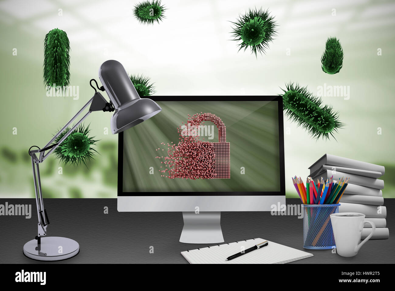 Digital image of gray lock against computers in office 3d Stock Photo ...
