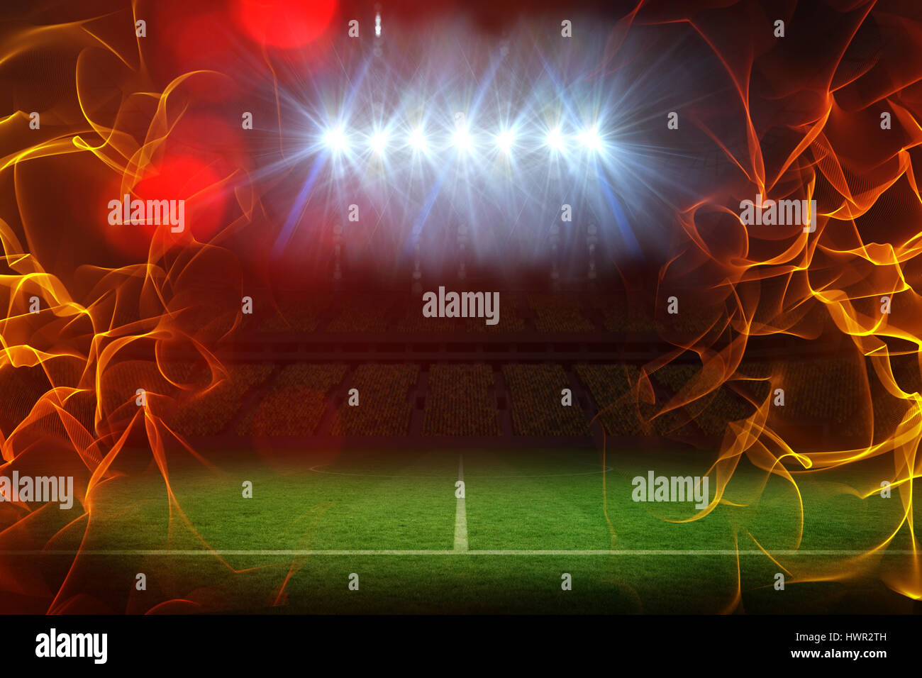 Ball of fire against pitch under illuminated spotlights 3d Stock Photo Alamy