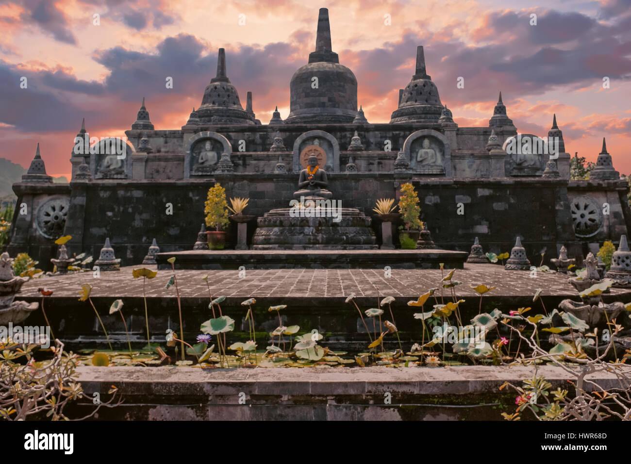 Temple Brahma Vihara Arama Banjar Bali, Indonesia at sunset Stock Photo