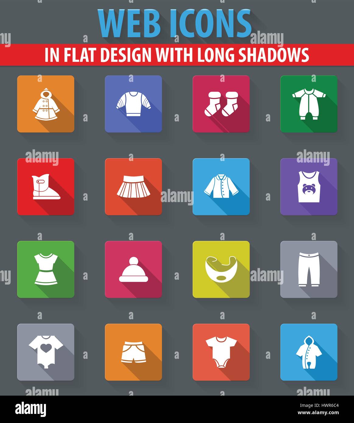 Baby clothes web icons in flat design with long shadows Stock Vector