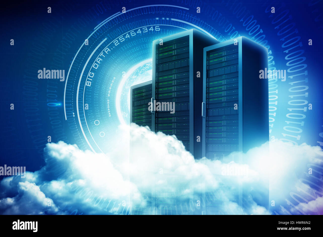 Scenic view of white fluffy clouds against spiral of shiny binary code 3d Stock Photo