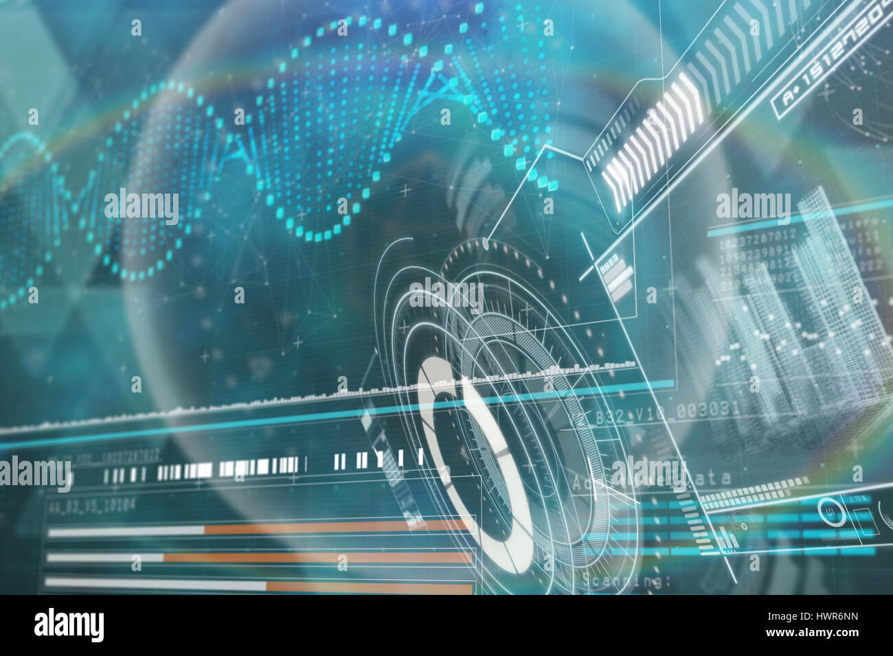 Digitally generated image of volume knob with graphical data against helix diagram of dna 3d Stock Photo
