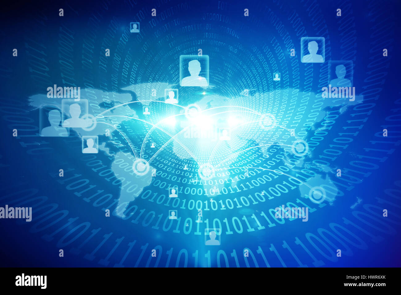 Global technology background against spiral of shiny binary code 3d Stock Photo