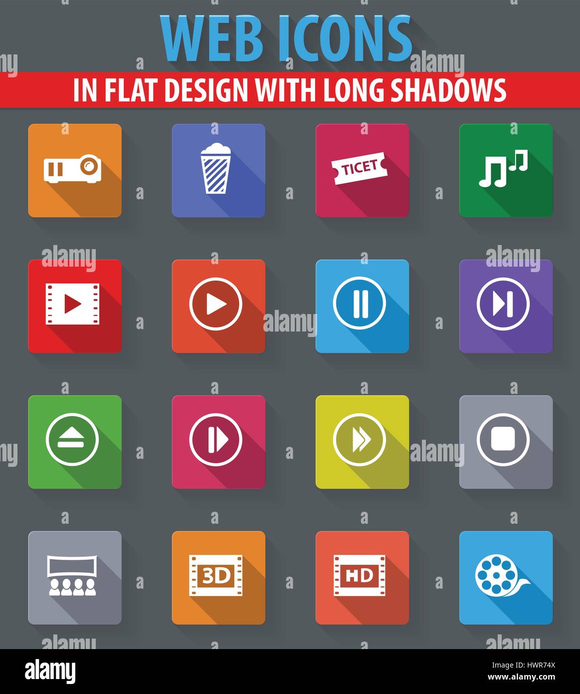 Cinema web icons in flat design with long shadows Stock Vector Image ...