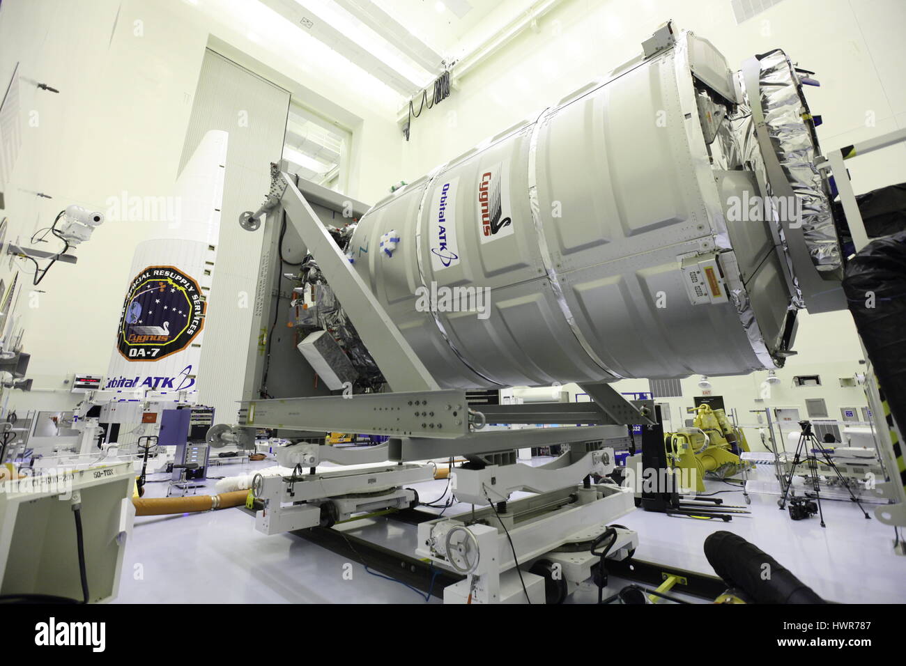NASA technicians move the Orbital ATK Cygnus pressurized cargo module