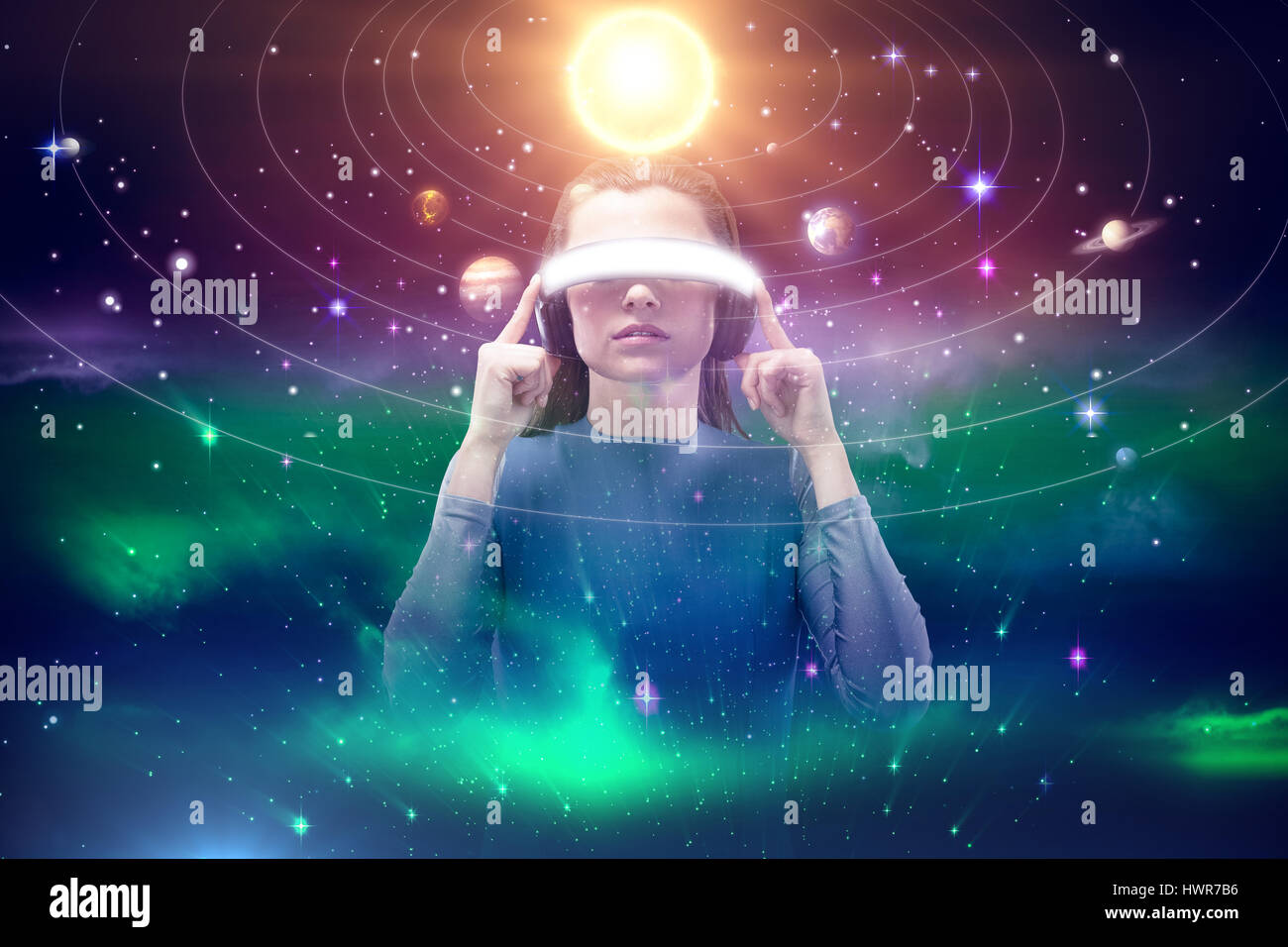 Woman Experiencing Virtual Reality Simulator Against Graphic