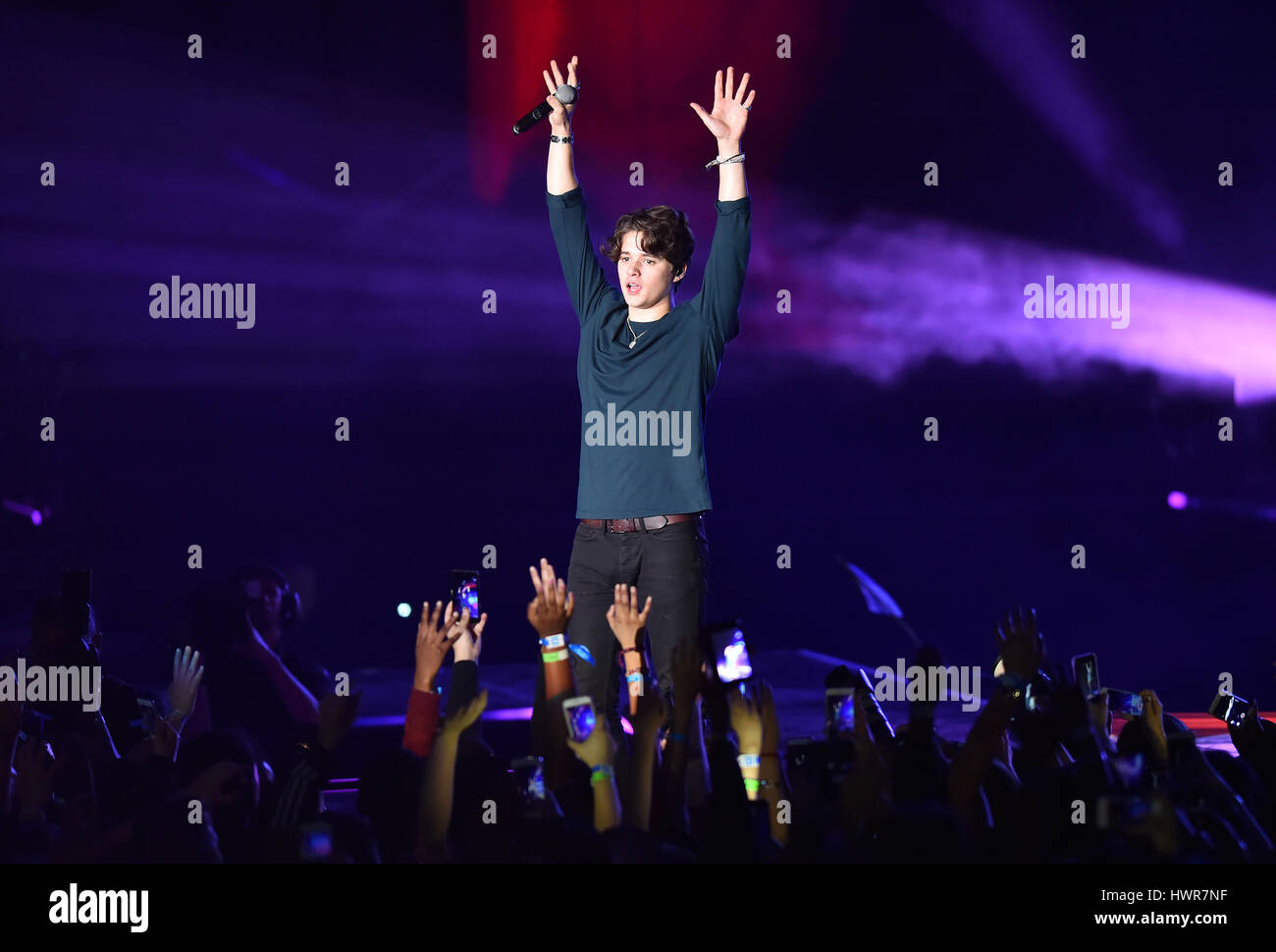 Brad Simpson of The Vamps on stage at the We Day UK charity event and concert, The SSE Arena, London. Stock Photo