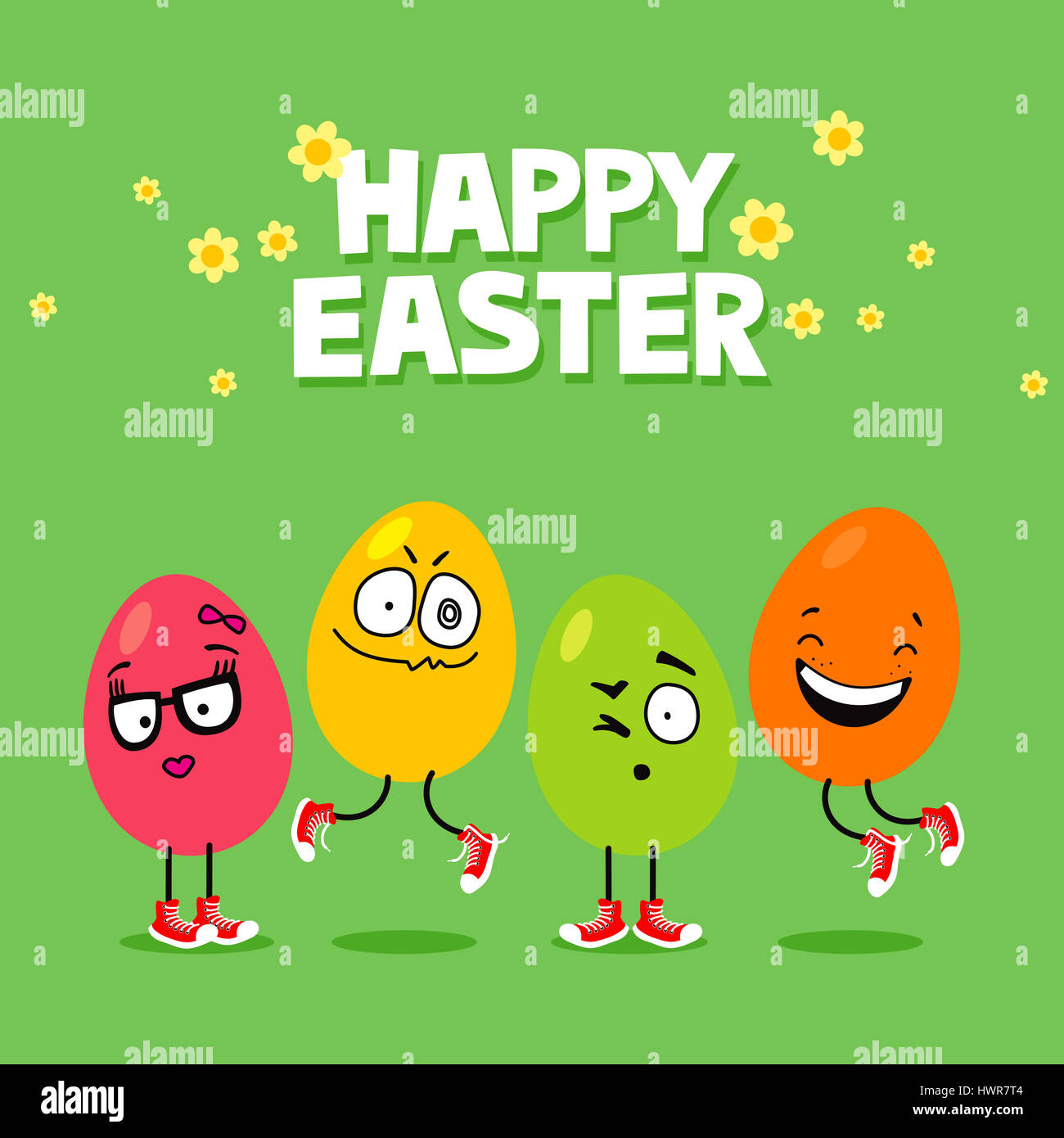 Easter eggs with funny face expressions. Cartoon Easter greeting card Stock Photo