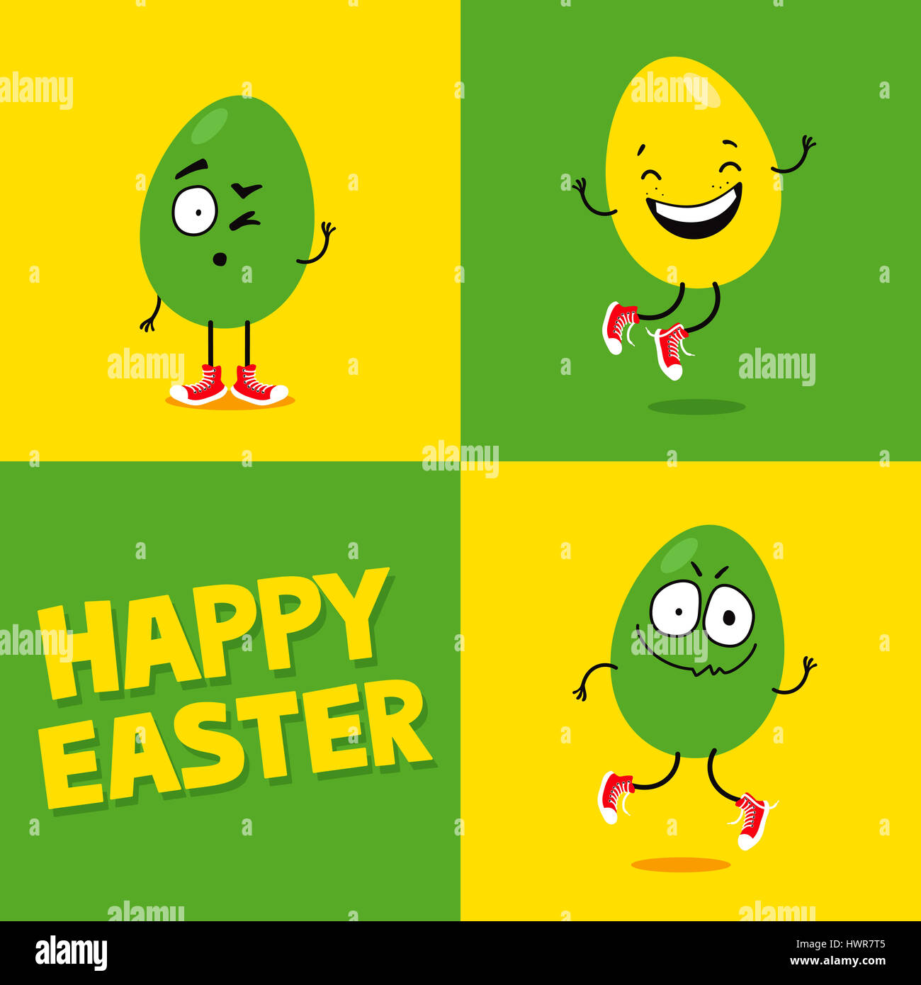 Easter greeting card with three funny eggs making silly face expressions Stock Photo