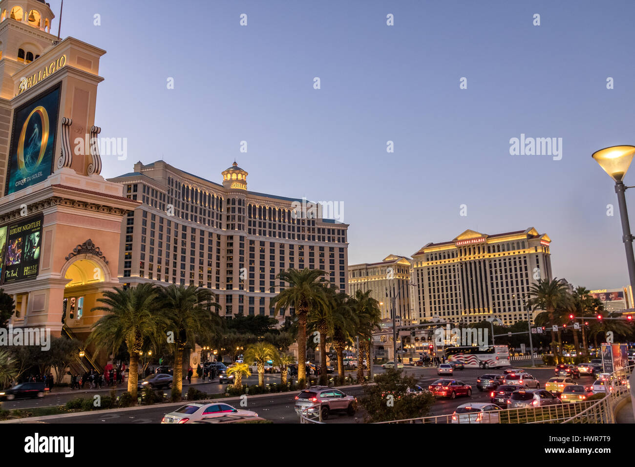 The Strip with Bellagio and Caesars Palace Hotel and Casino - Las Vegas, Nevada, USA Stock Photo