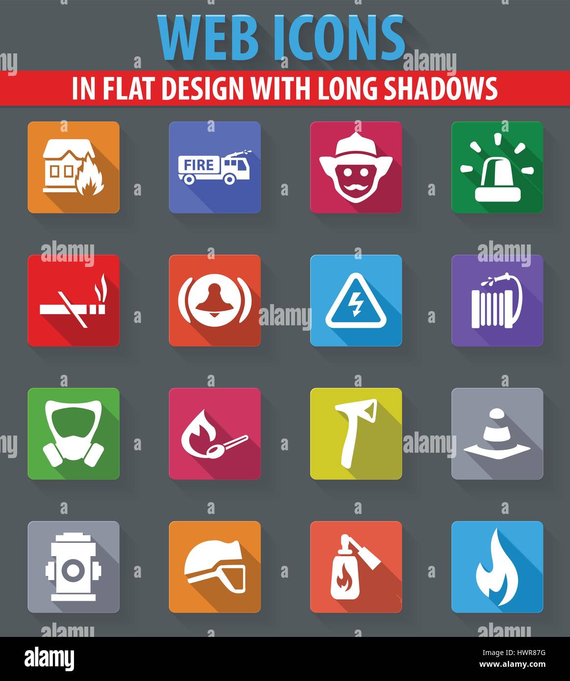 Fire brigade web icons in flat design with long shadows Stock Vector