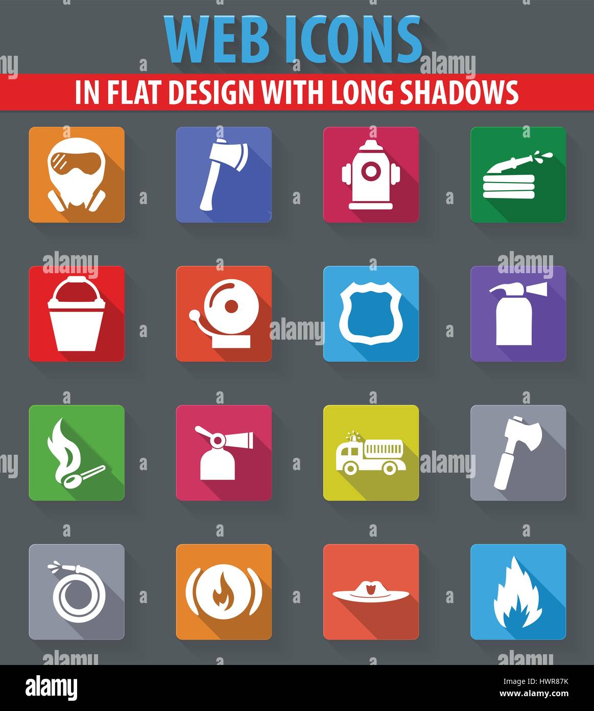 Fire brigade web icons in flat design with long shadows Stock Vector