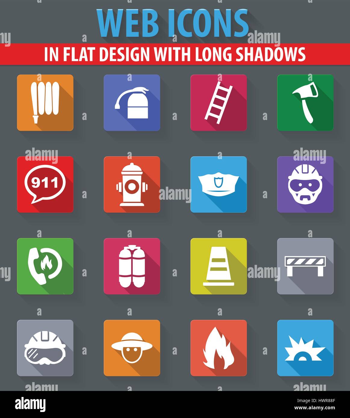 Fire brigade web icons in flat design with long shadows Stock Vector ...