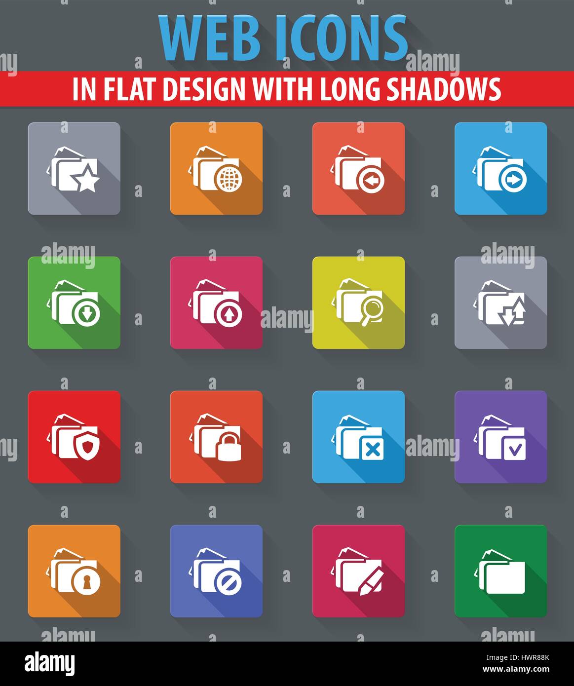 Folders web icons in flat design with long shadows Stock Vector Image ...