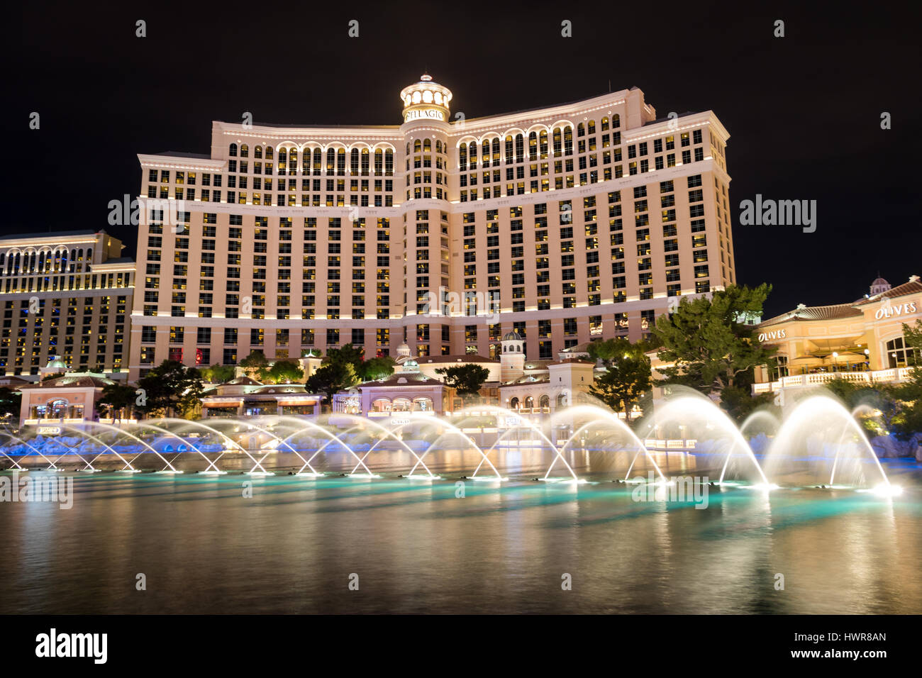 Dancing Fountains at Bellagio Hotel Casino at night - Las Vegas, Nevada, USA Stock Photo
