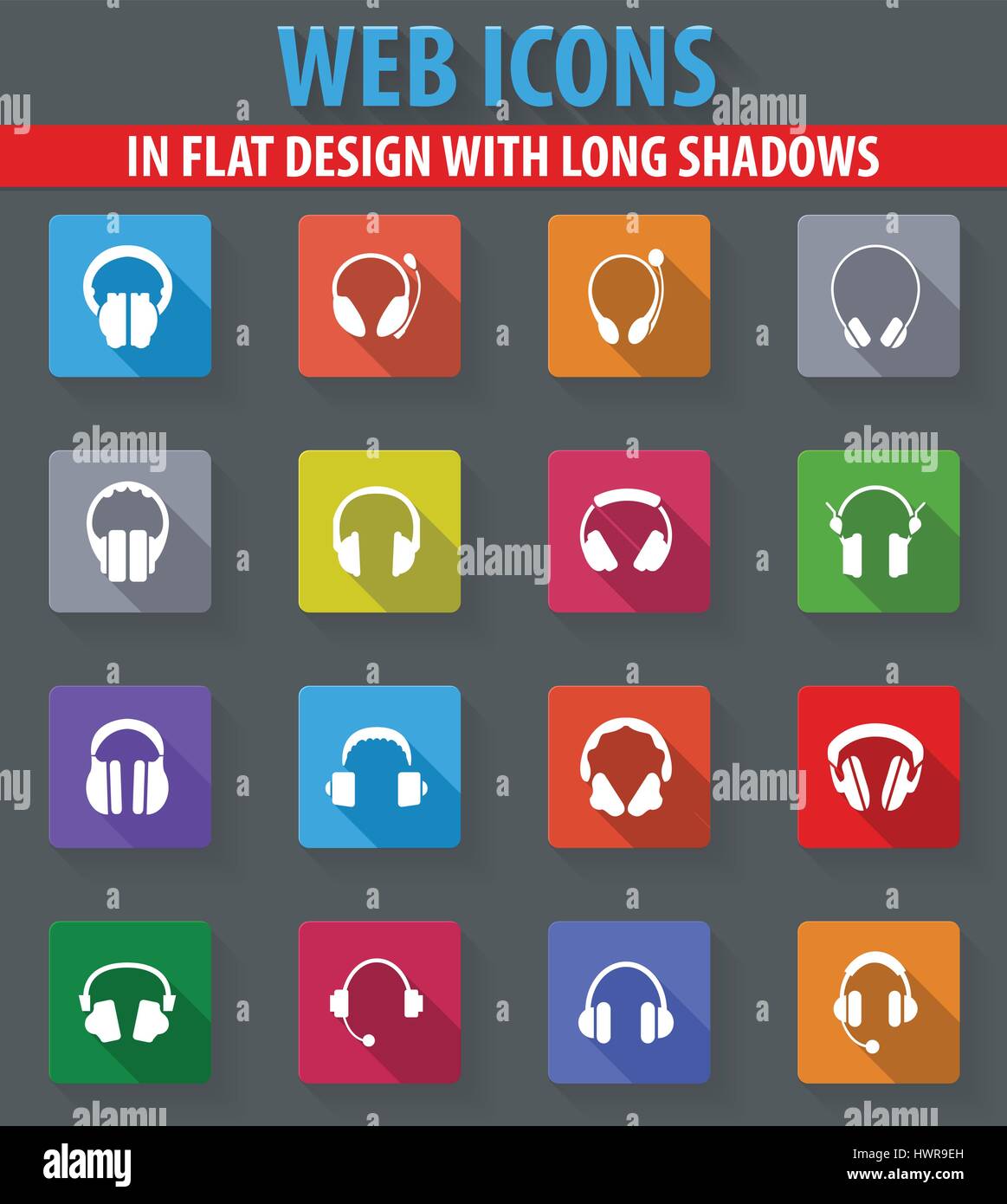 Headphones web icons in flat design with long shadows Stock Vector ...