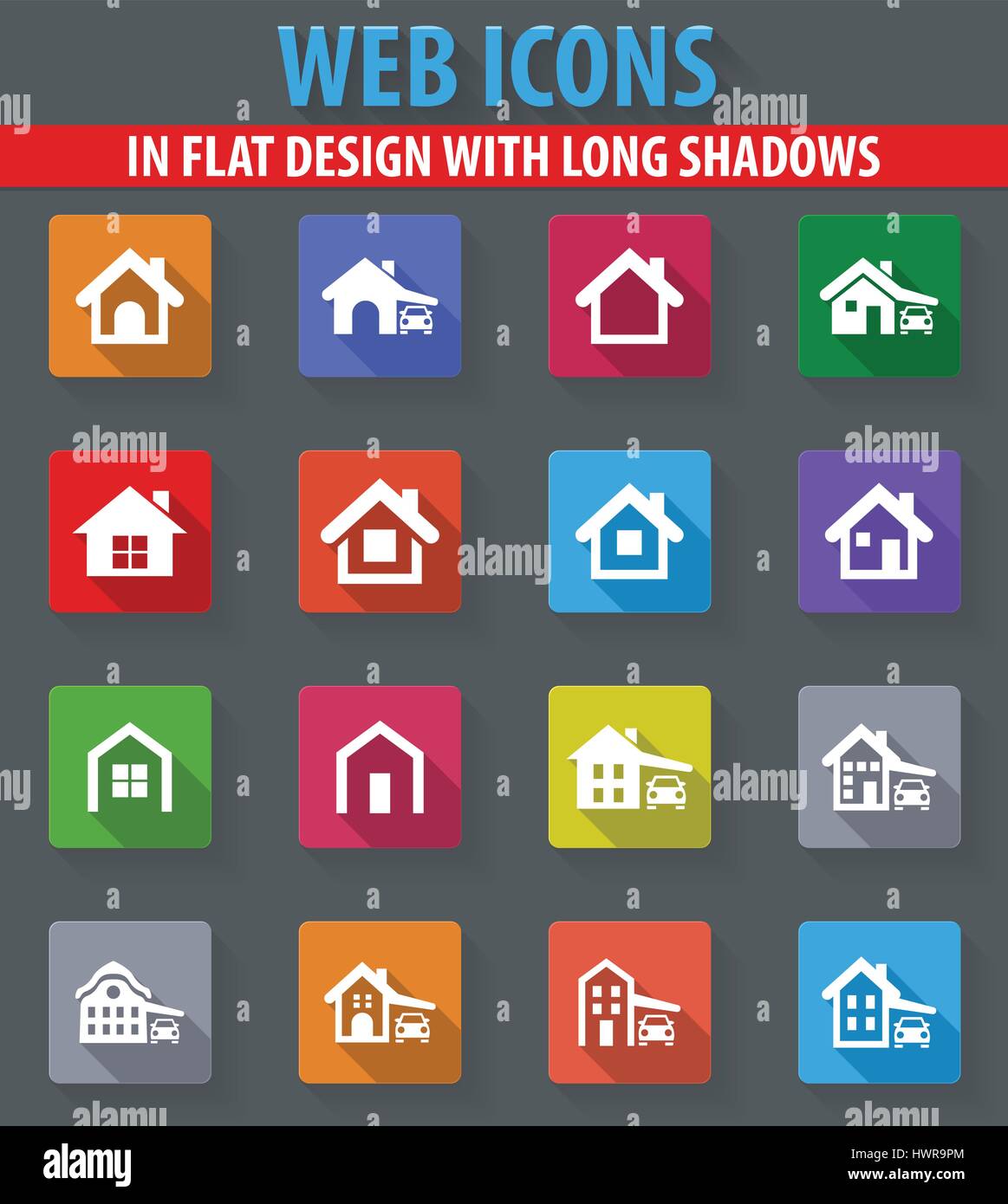 house type web icons in flat design with long shadows Stock Vector ...