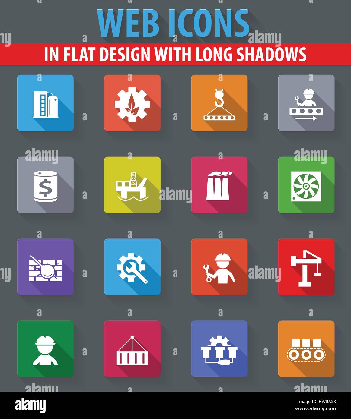 industry web icons in flat design with long shadows Stock Vector