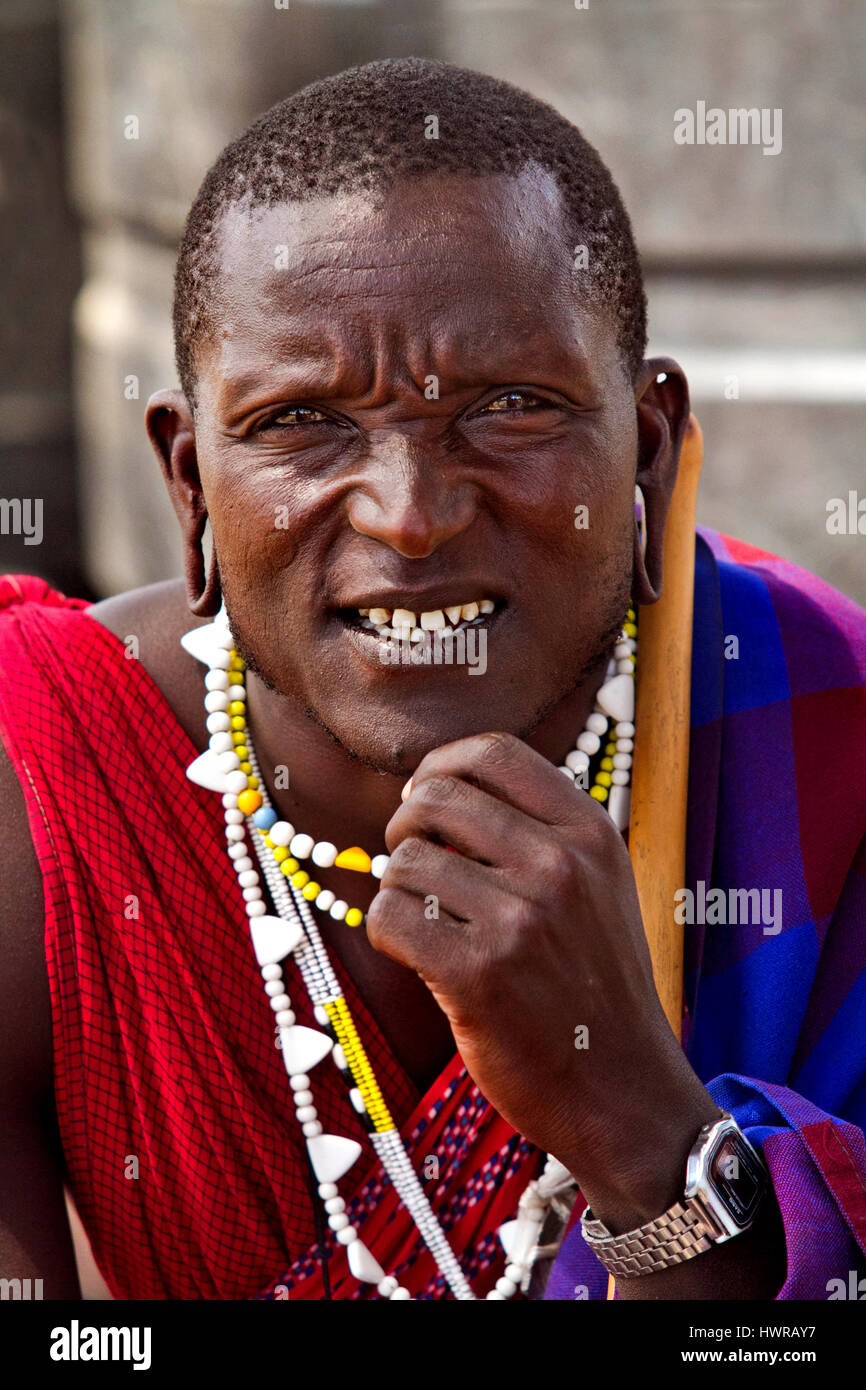 Maasai man in traditional clothes, Tanzania Stock Photo