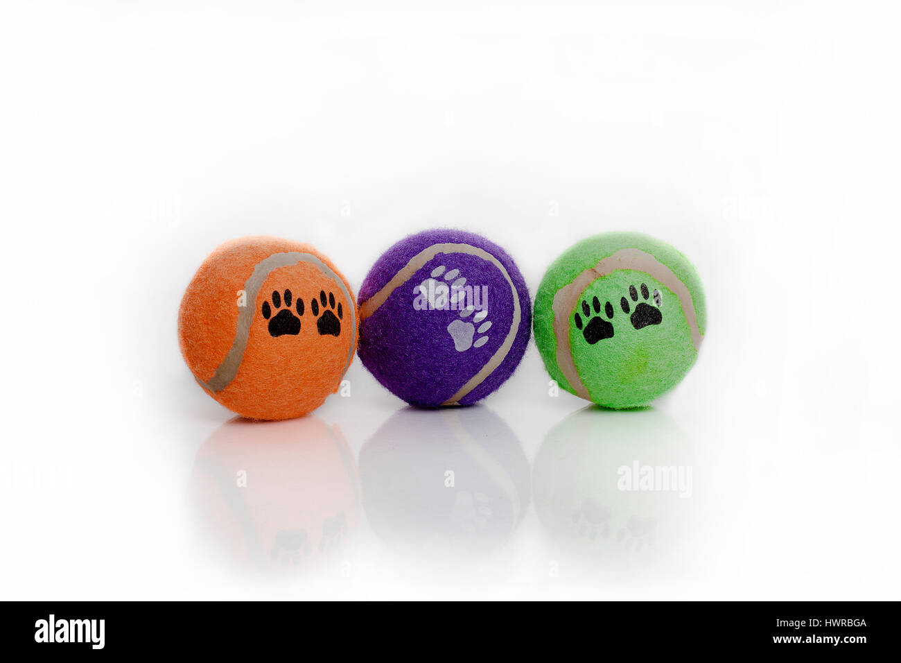 Bright and colorful dog tennis balls with paw prints. Isolated on white