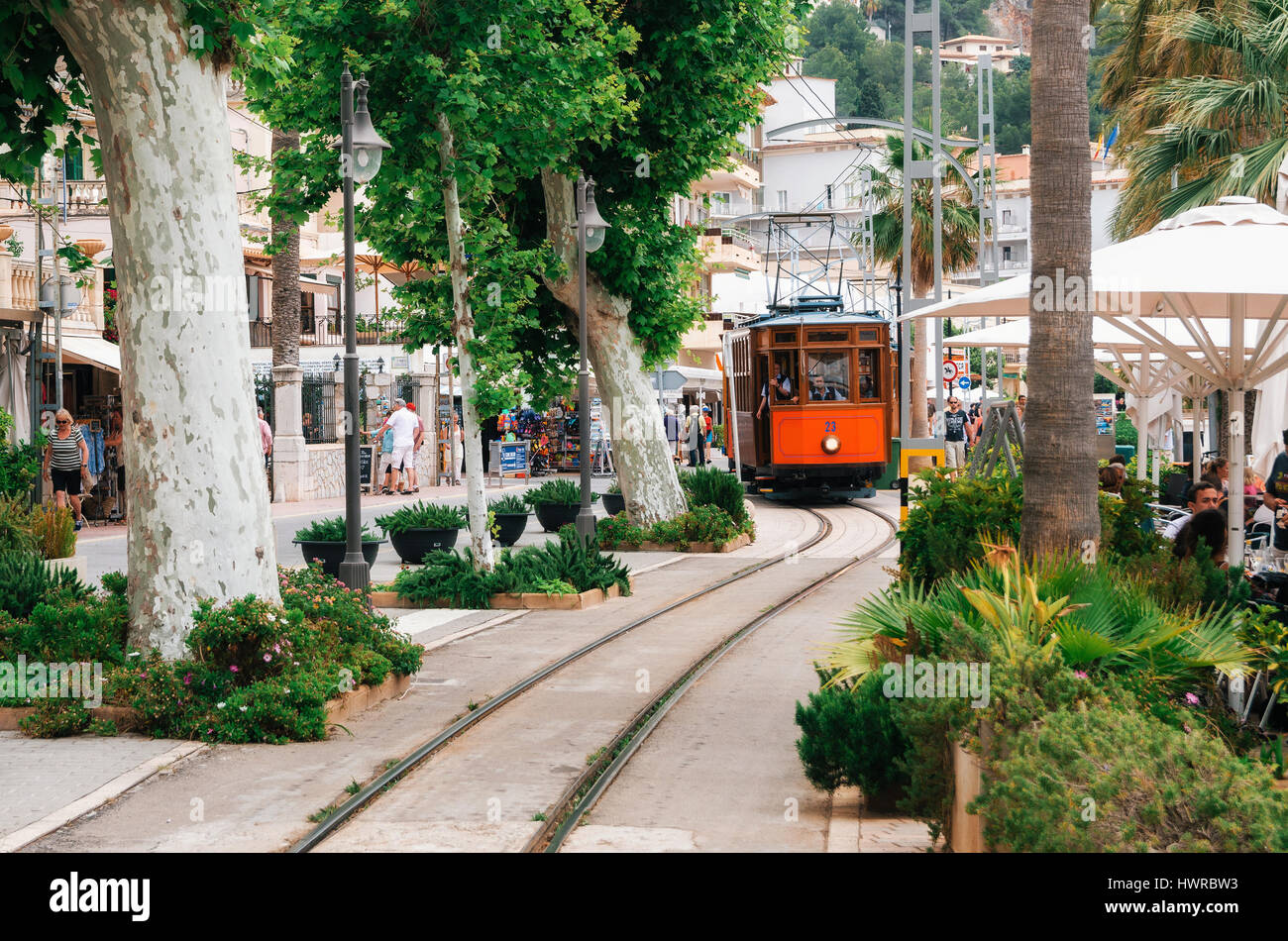Port de Soller, Mallorca, Spain - May 26, 2016: Tram on the promenade of Puerto de Soller. Stock Photo