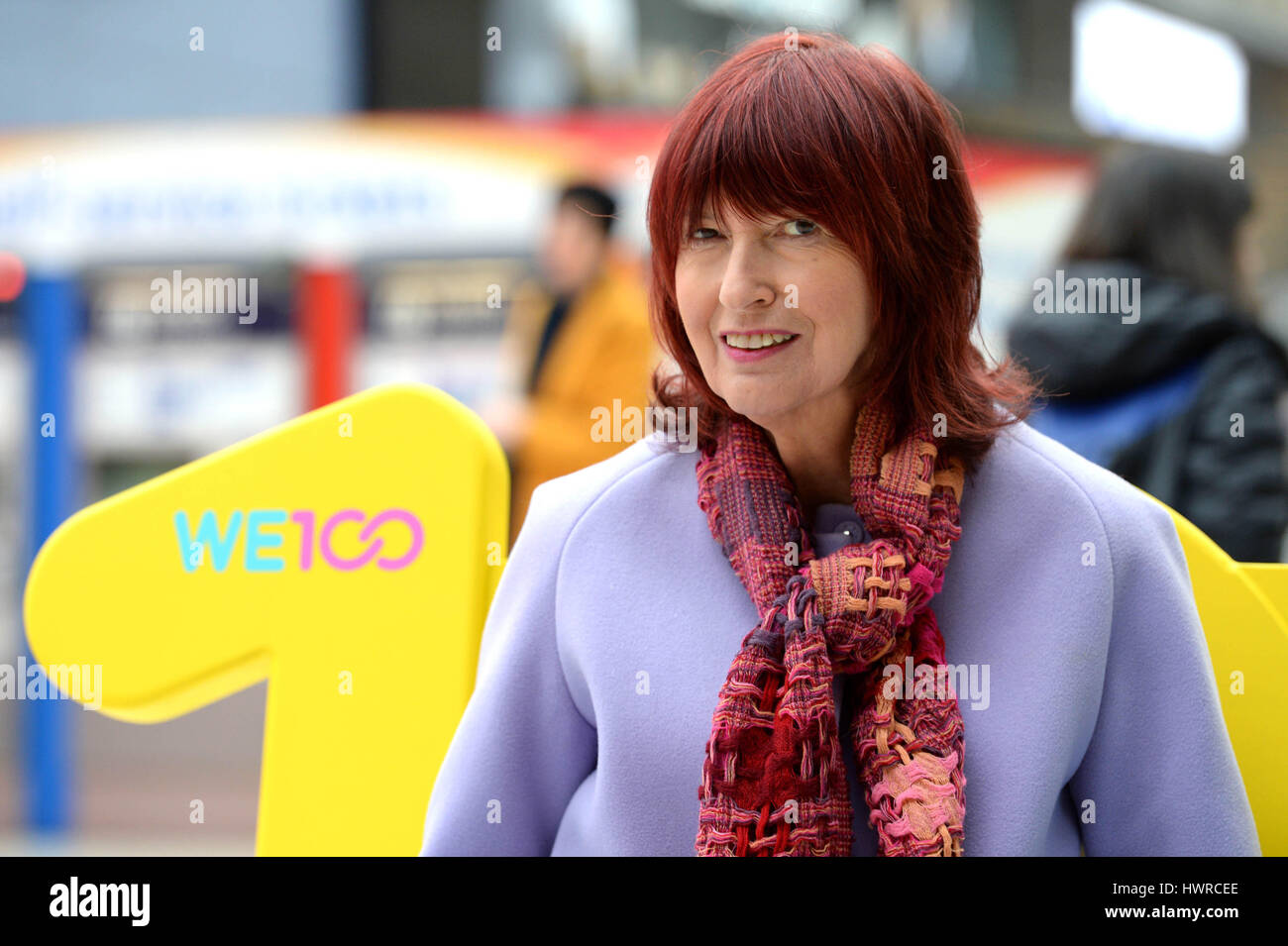 EDITORIAL USE ONLY Janet Street Porter at Waterloo Station to launch the WE100 campaign, which is a Merck Consumer Health initiative to inspire people of all ages to live a healthy lifestyle to reach 100 years old, London. Stock Photo